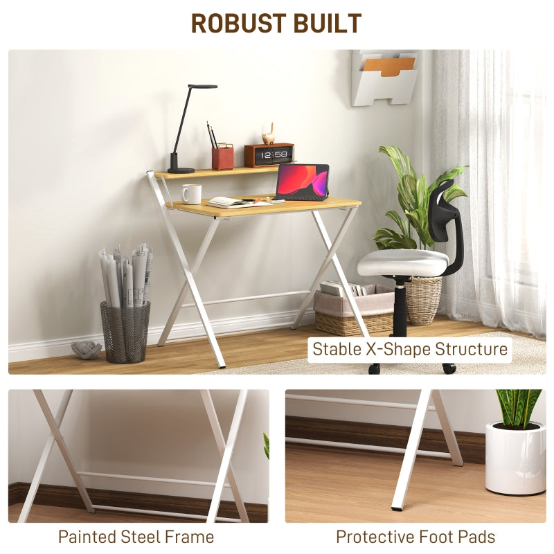 Folding Desk, Space-Saving Computer Desk with Storage Shelf and 2-Tier Study Table, Maple Wood-effect