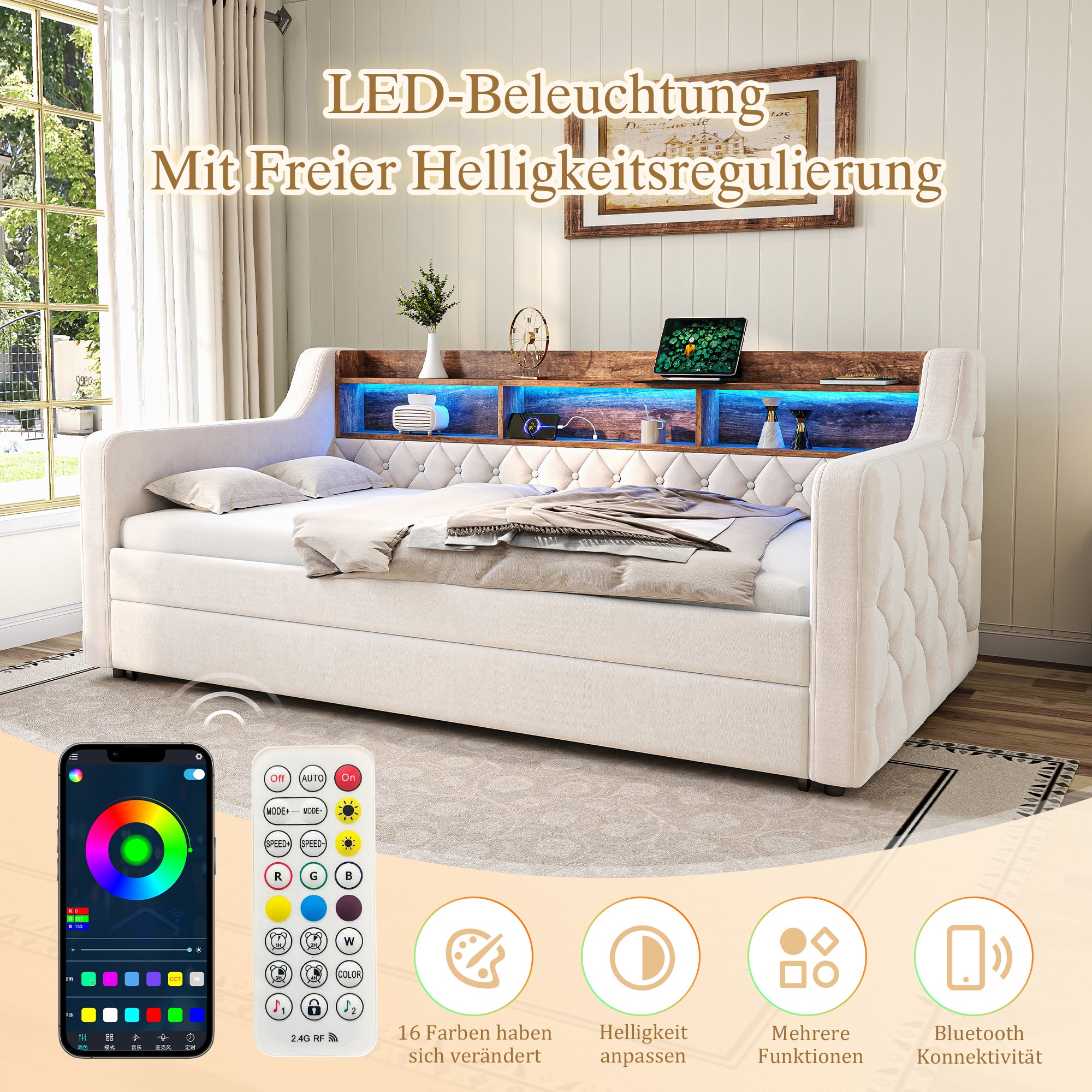 Sofa Bed Space-Saving 90x190cm Storage LED USB-C Port, Velvet Beige