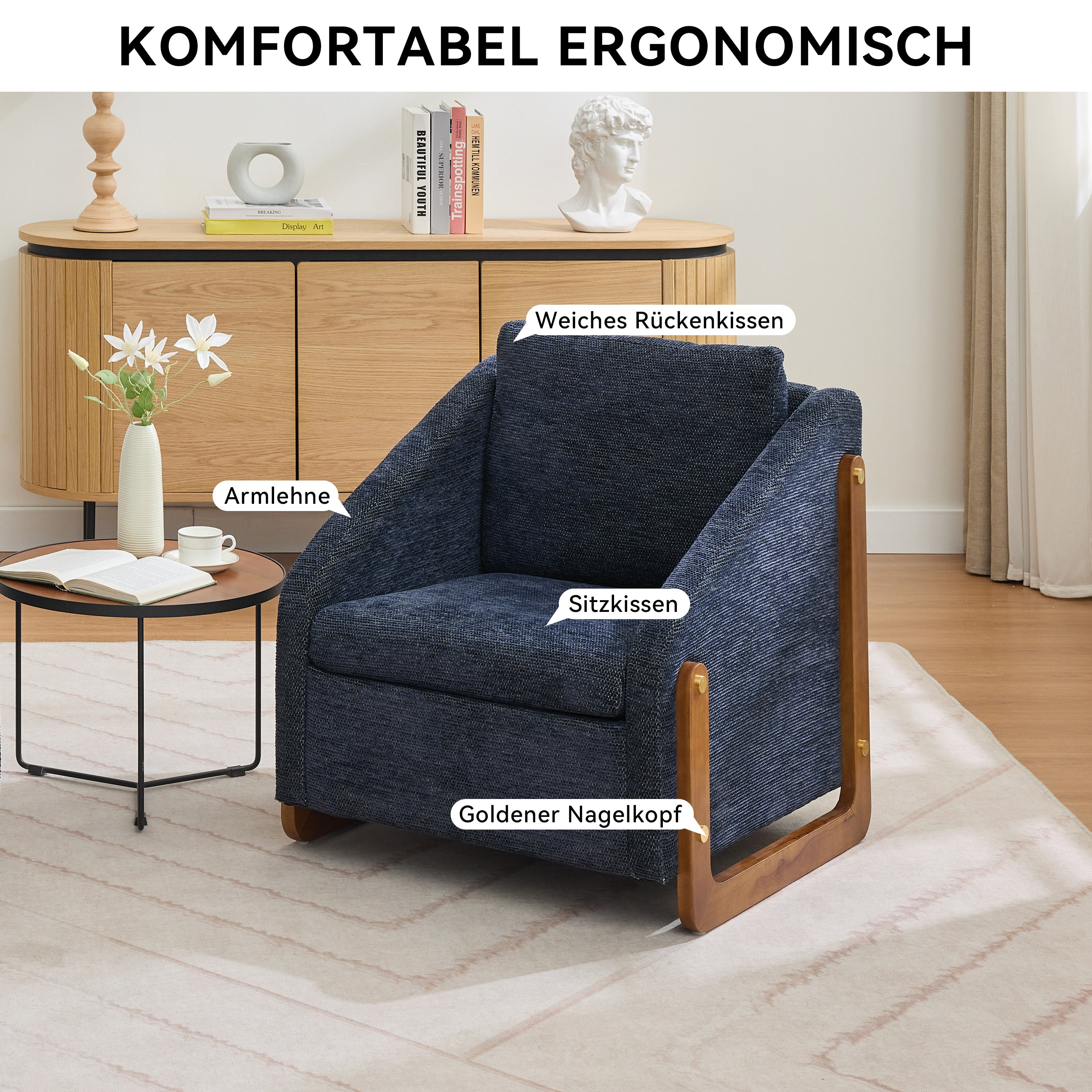 057 Armchair, Modern Lounge Chair with Wooden Armrests, Blue Chenille Fabric