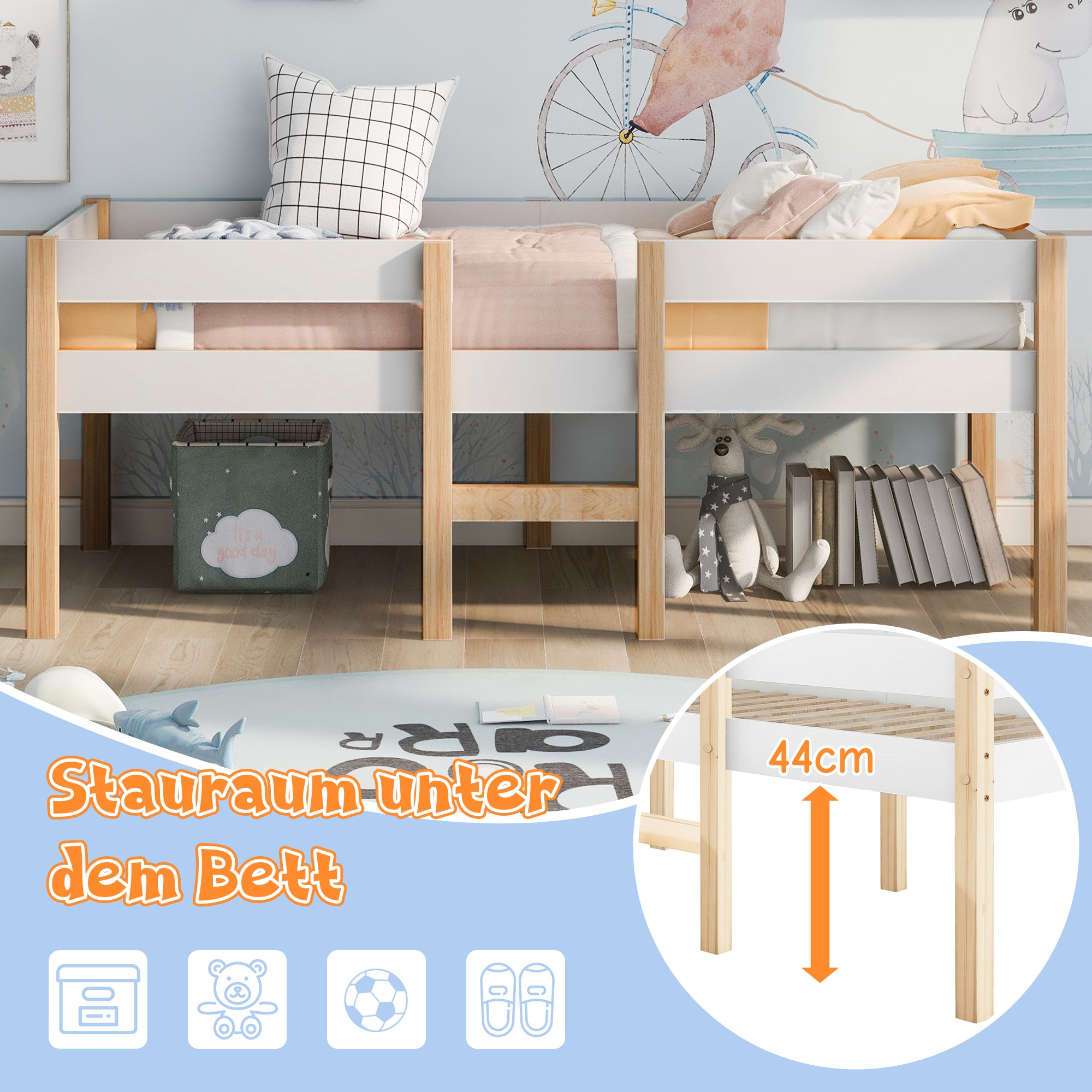 Children's bed with fall protection, 90x200 cm, solid pine wood, white & oak