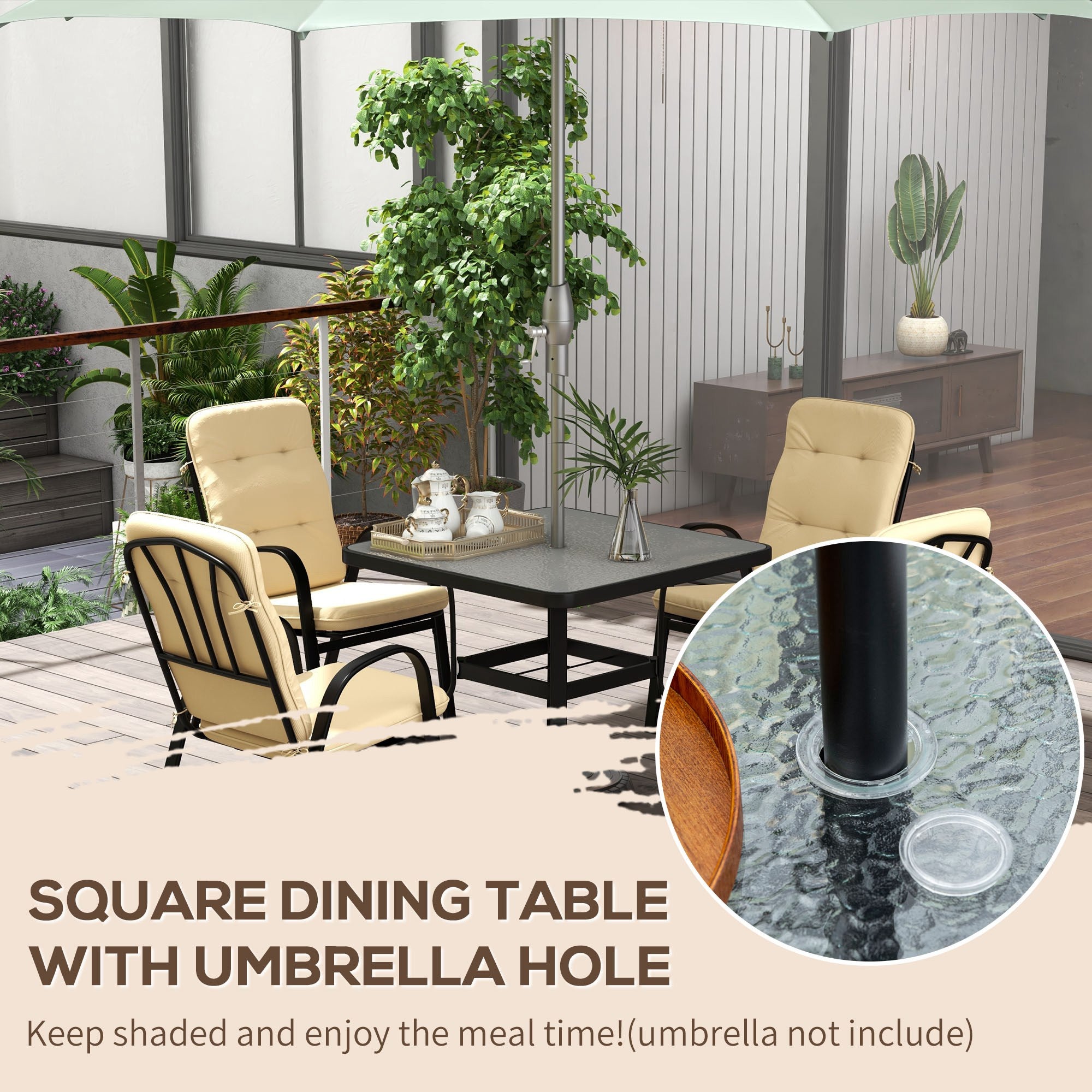 5 Piece Outdoor Square Dining Set with Tempered Glass Table and 4 Cushioned Chairs, Beige