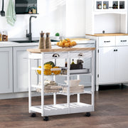 Rolling Kitchen Island Trolley Cart with Drawers, Shelves, and 6 Bottle Wine Rack, White