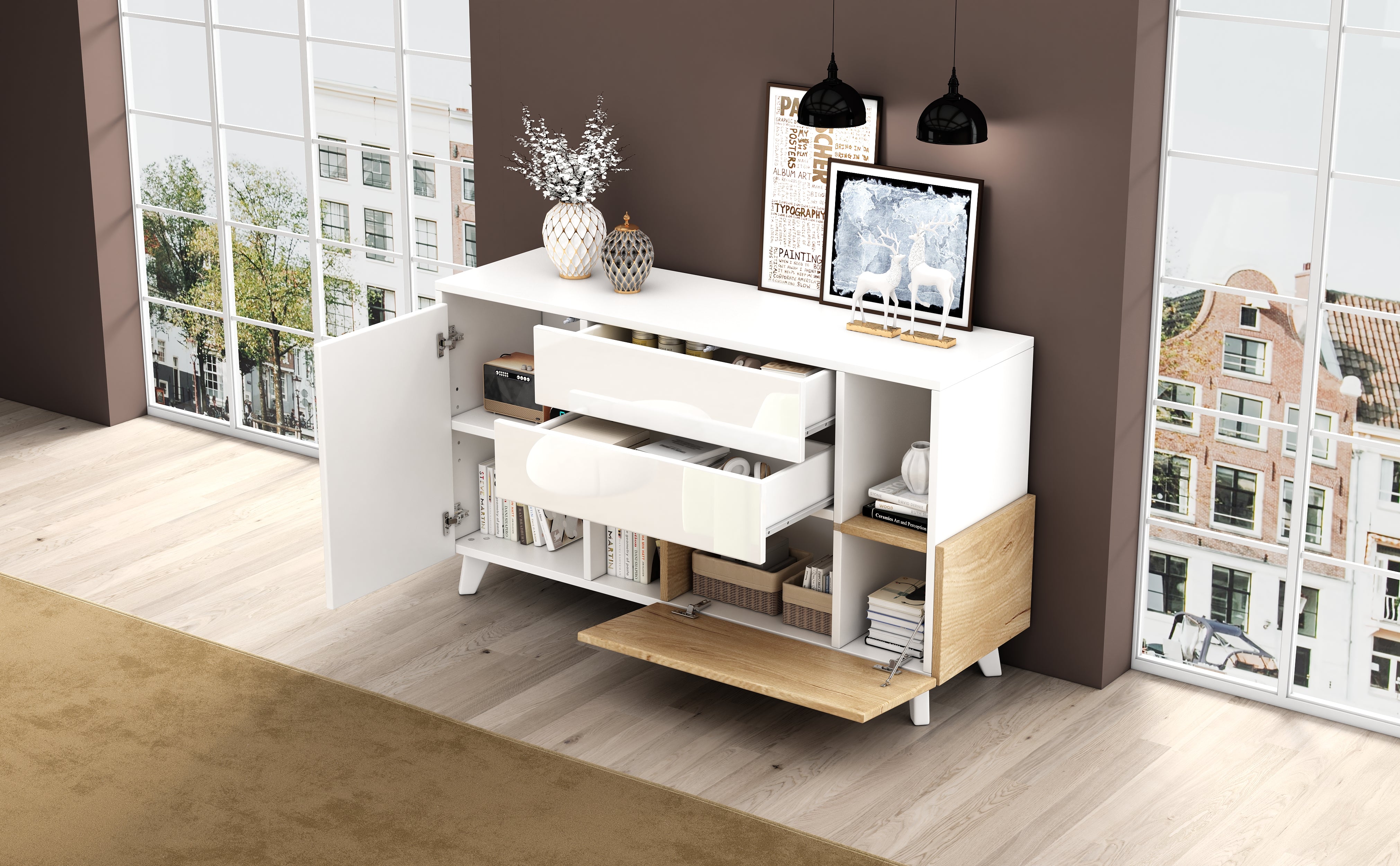 Sideboard, Storage, High-Gloss White Wood