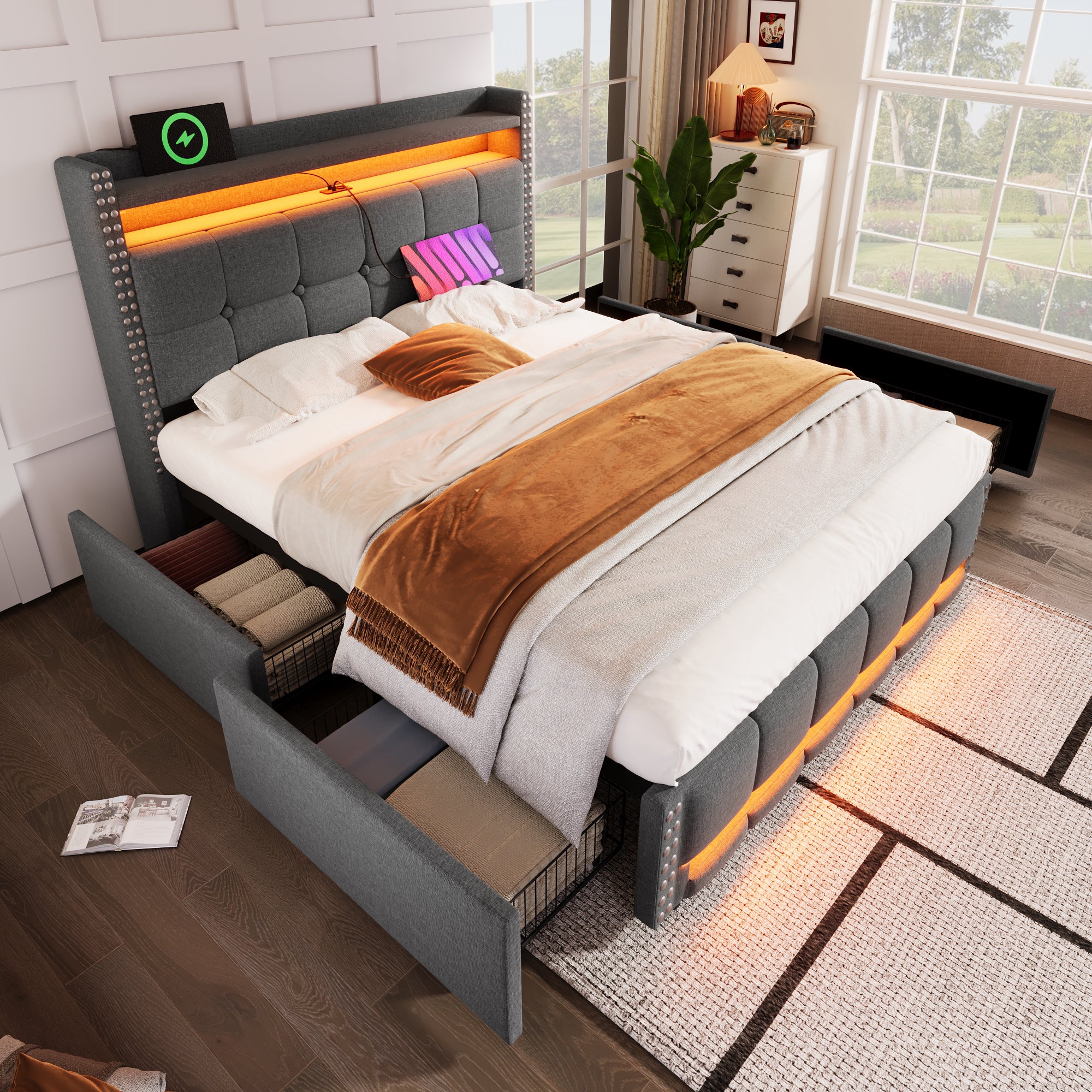 Upholstered Bed 140x200cm, LED & USB, 4-Drawer Storage, Linen Gray