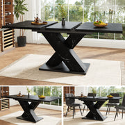 Extendable Dining Table with X-Design for 4-6 People, Black Marble Look