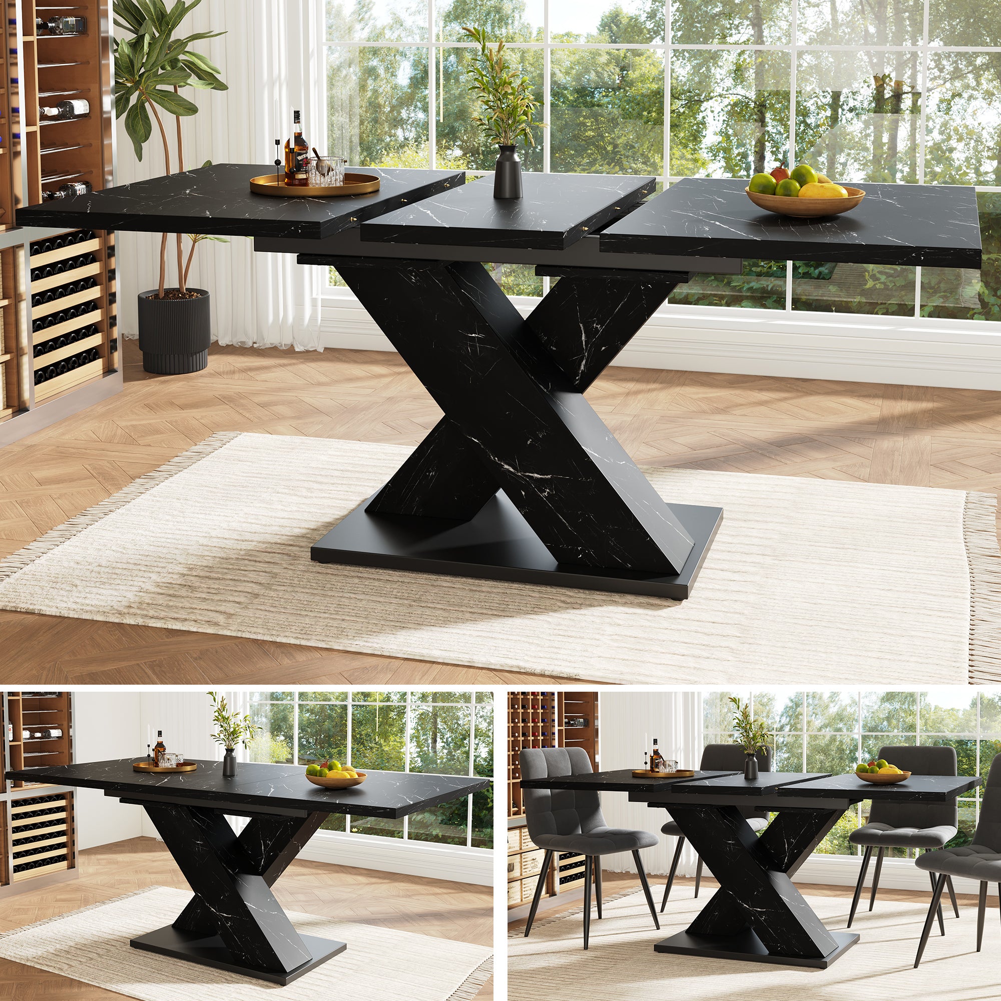 Extendable Dining Table with X-Design for 4-6 People, Black Marble Look