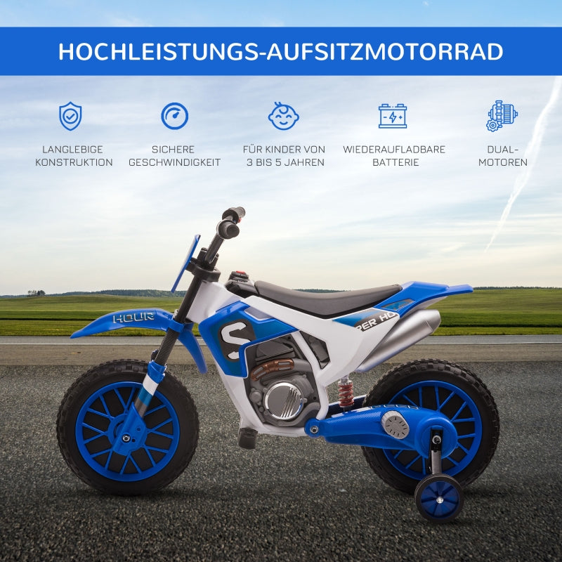 Children's Electric Motorcycle with Training Wheels and 45 Min Driving Time, Blue and White