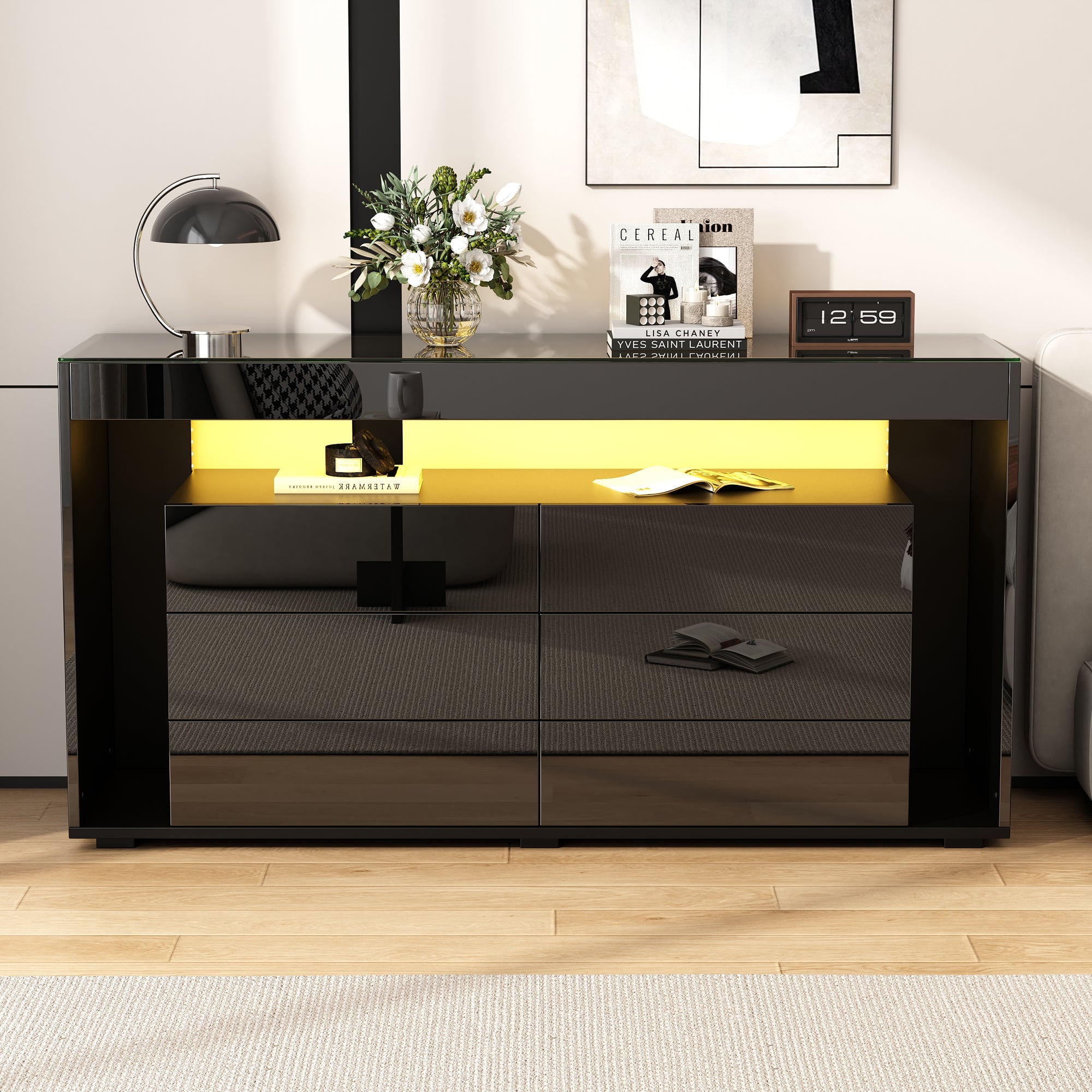 Sideboard, 6-Drawer LED High-Gloss with Tempered Glass Top, Black
