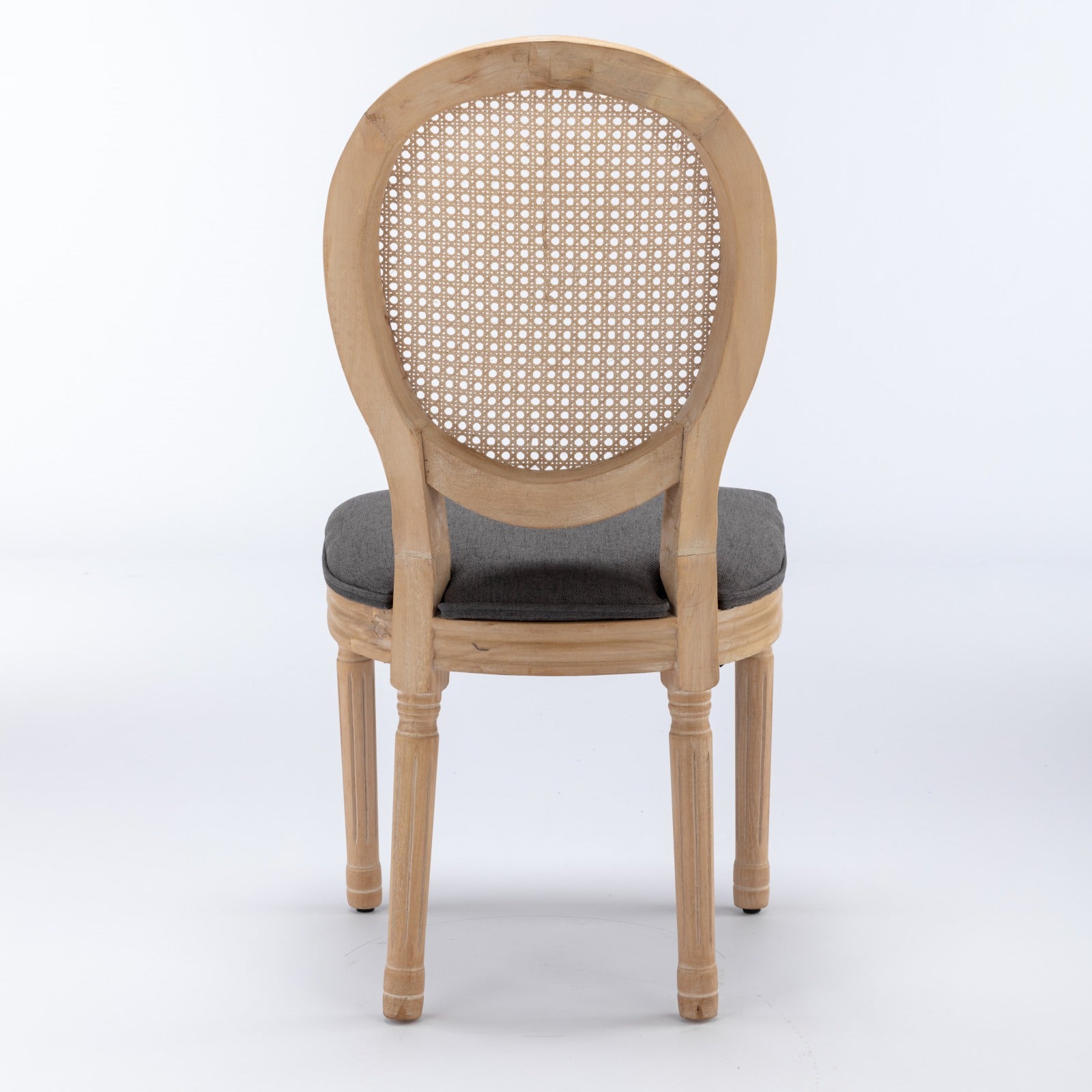 French Style Dining Chair Set of 2, Solid Wood Rattan Back, Gray Linen Fabric