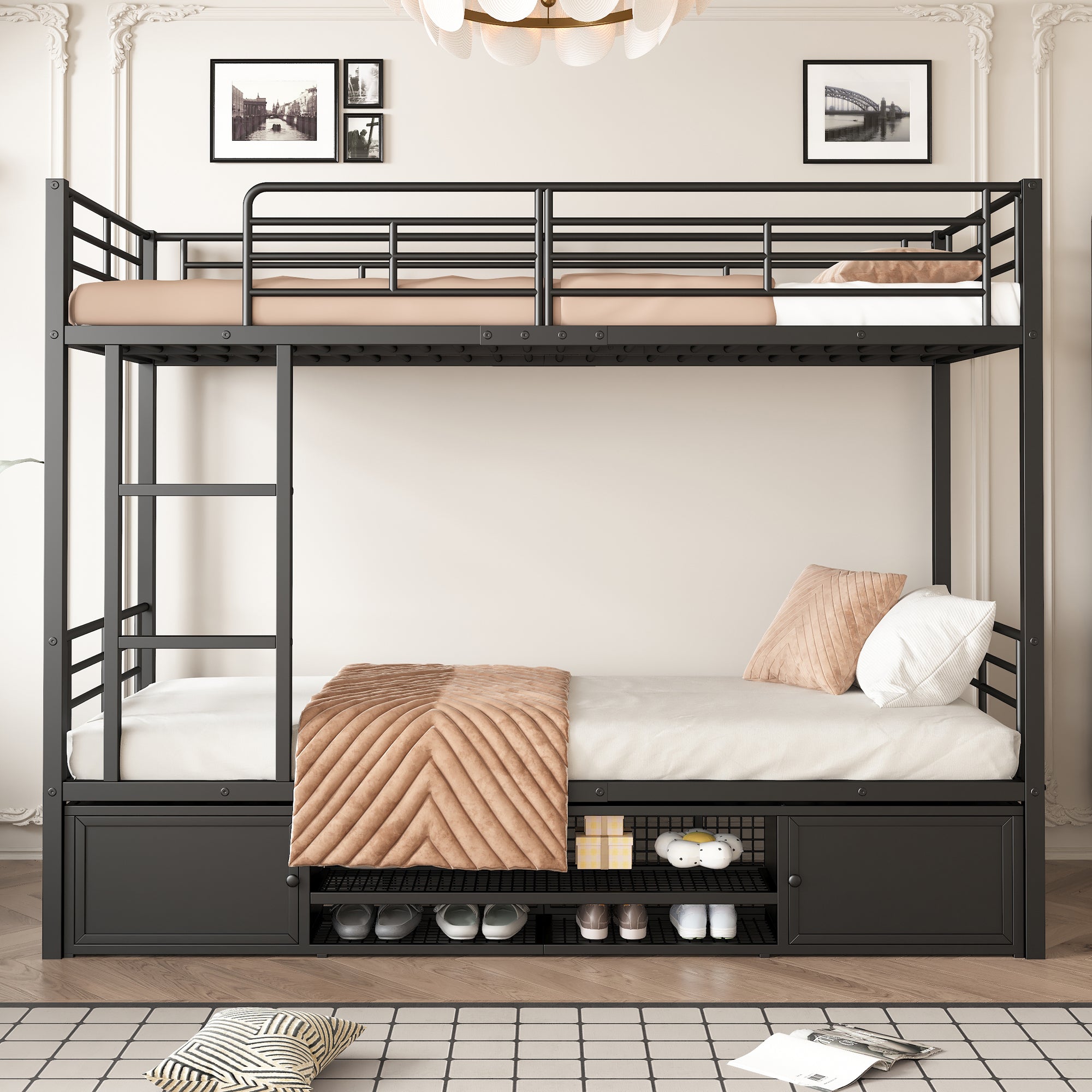Iron Frame Bunk Bed with Storage, Ladder, and Safety Rail, 90x200cm, Black Iron