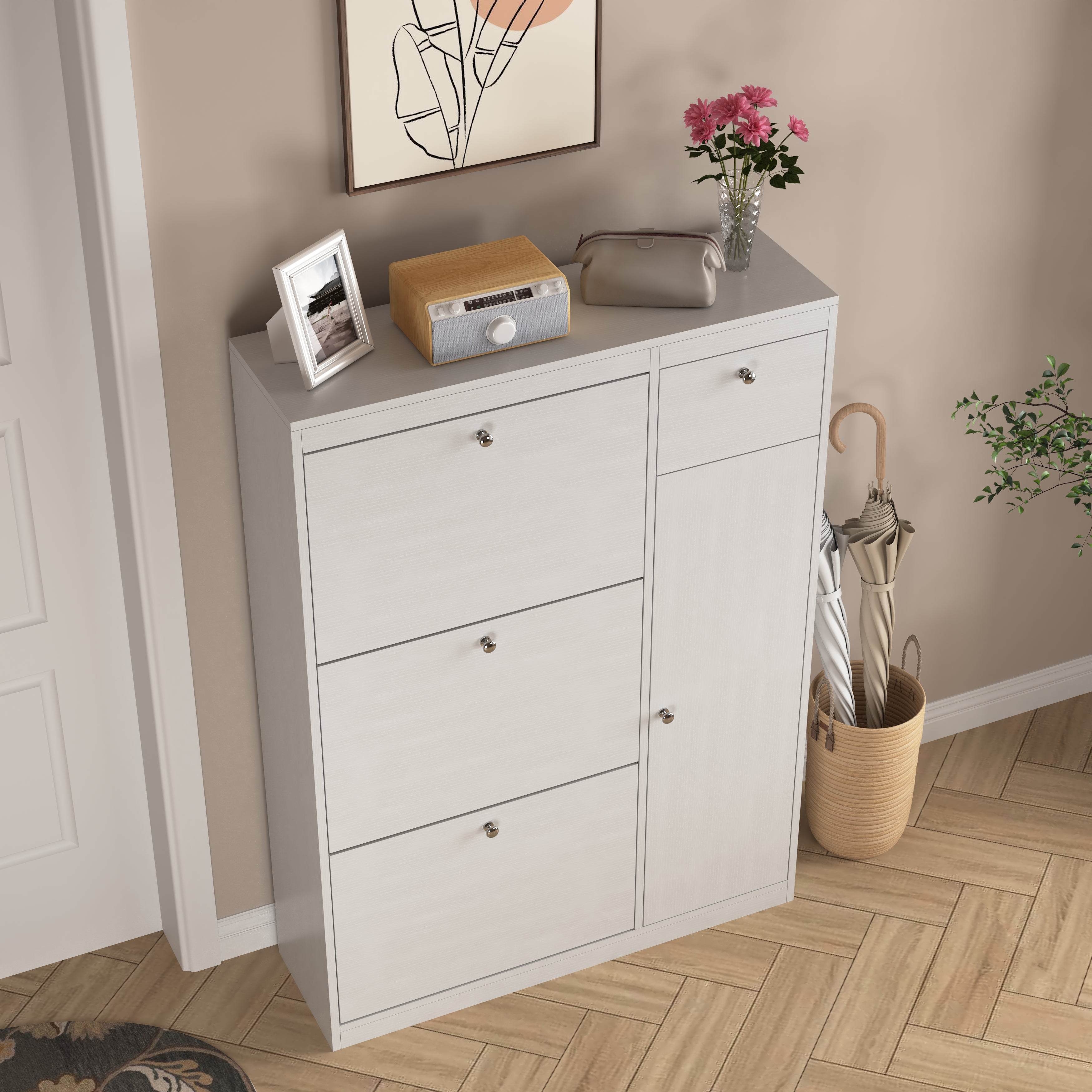 Shoe Cabinet with Tilting Function and 3 Fold-Down Drawers, Particleboard