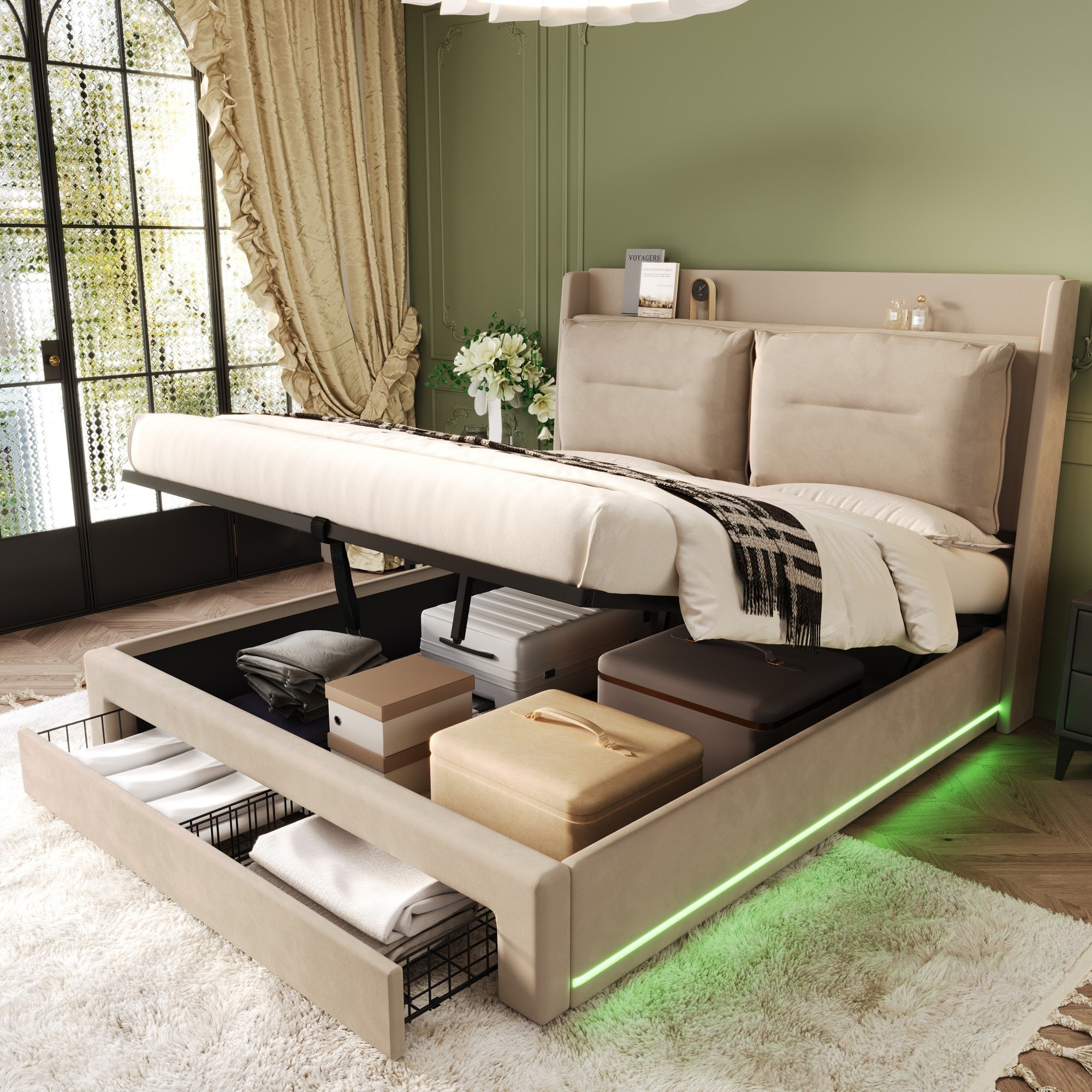 Upholstered Bed, 150x200 (5ft) King Size, Hydraulic with 2-in-1 End Storage Drawers & LED Strips, Velvet Beige