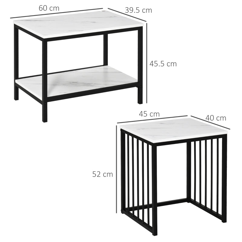 Modern Coffee Table Set of Two Nesting Side Tables, Marble-Effect Steel Frame White Black