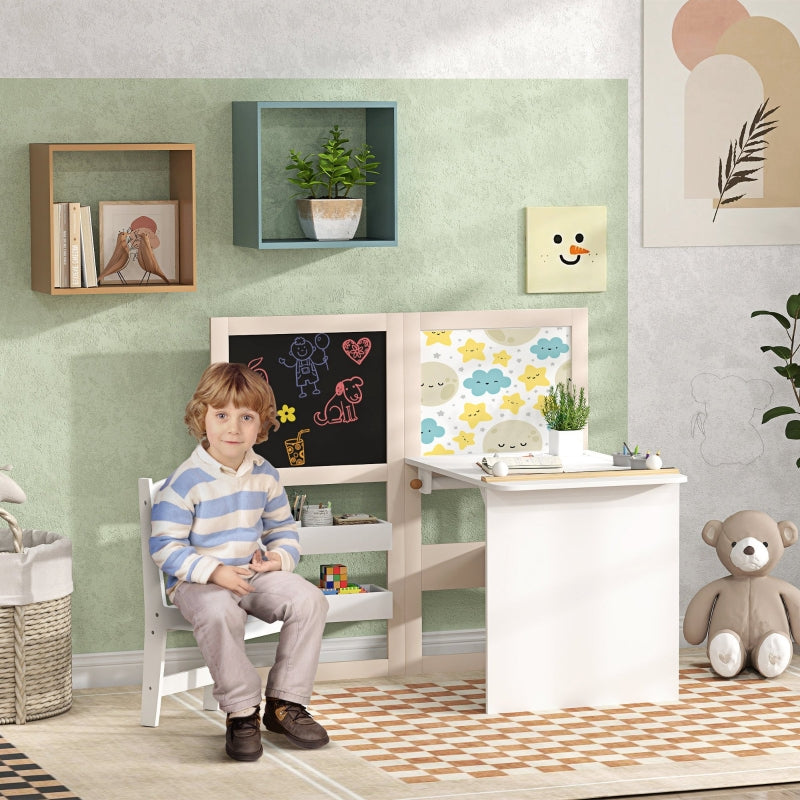 3 in 1 Kids Table and Chair Set with Storage, Whiteboard, Blackboard, Roll Paper for 3-8 Years, White