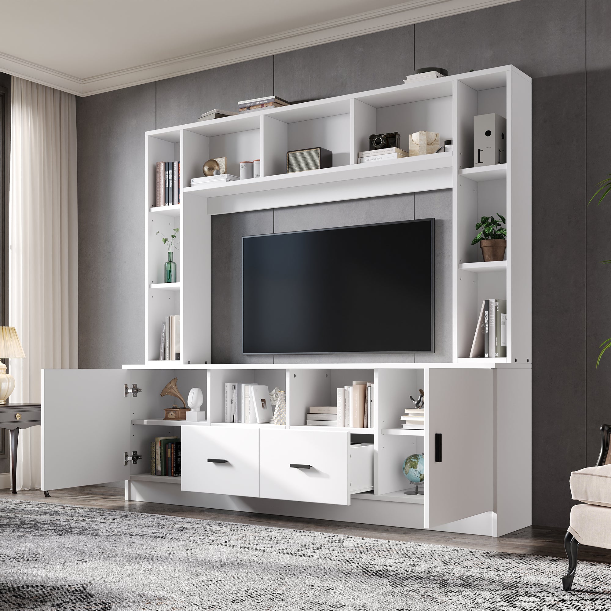 TV Wall Unit Set with Display Cabinet, Media Stand, Shelf, 2 Cabinets, 2 Drawers, for up to 60" TV, White