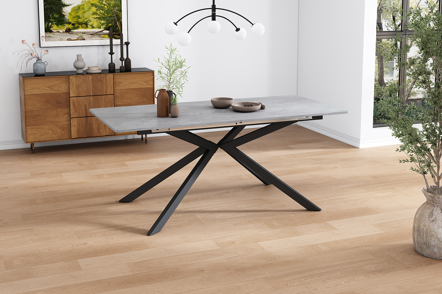 Extendable Dining Table Automatic Rectangular Cross Leg L150/180cm - Cement Pattern Black/Grey