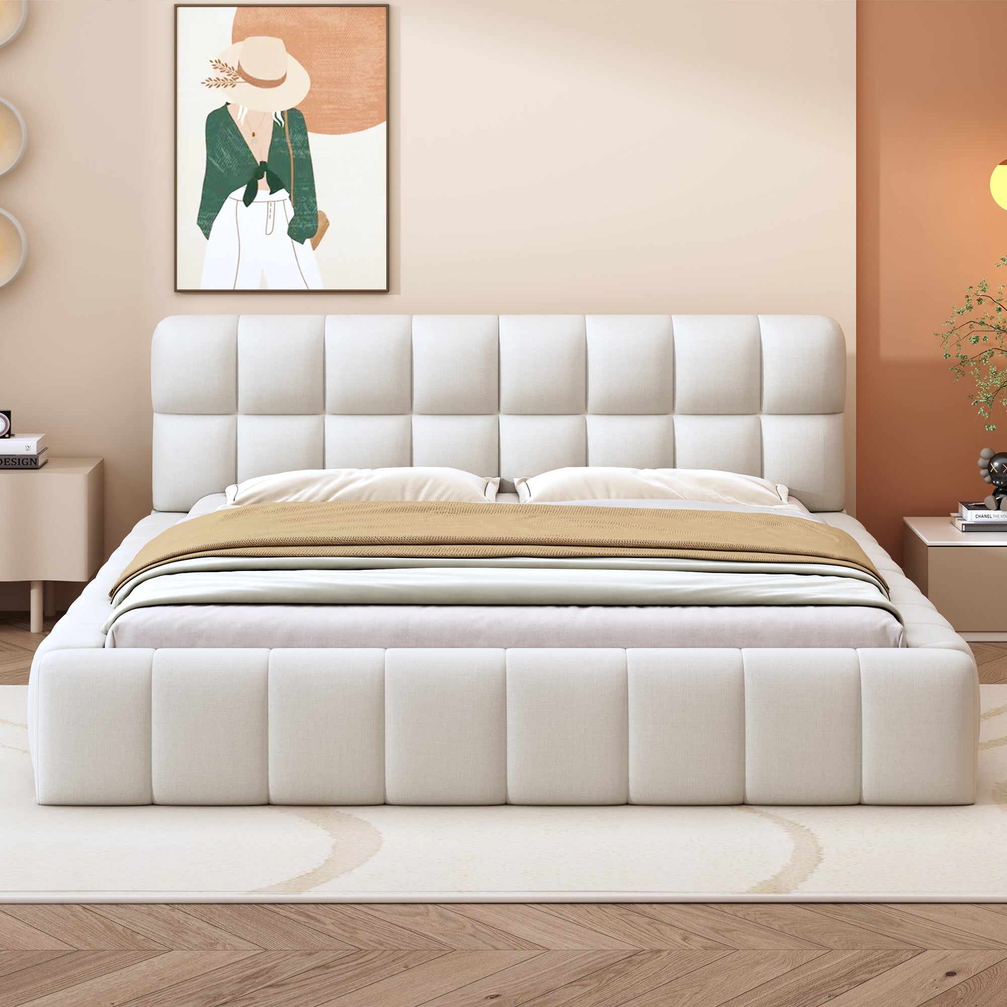 Upholstered Bed, 140x200cm Double with Soft Backrest, Linen Beige