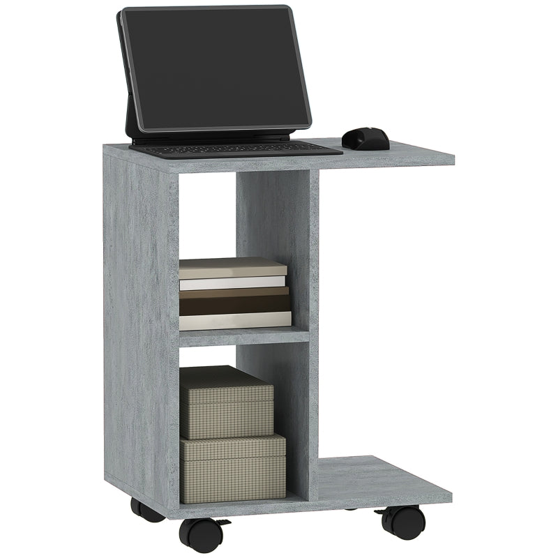 C-Shape End Table with 2 Shelves and 4 Wheels, Grey