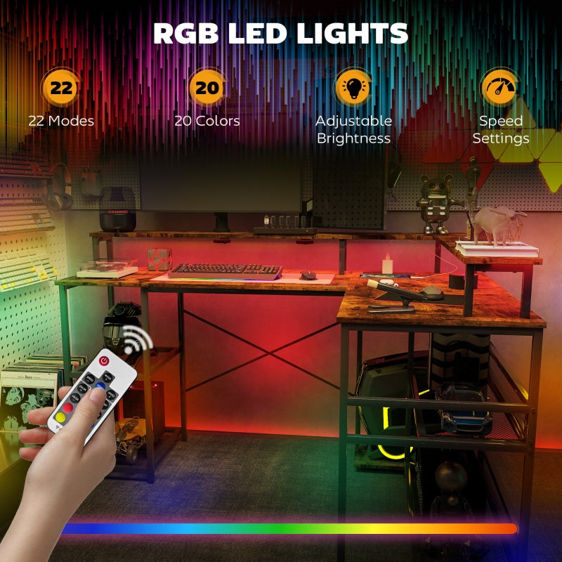 LED Light 'L' Computer Desk, Shelves - Brown