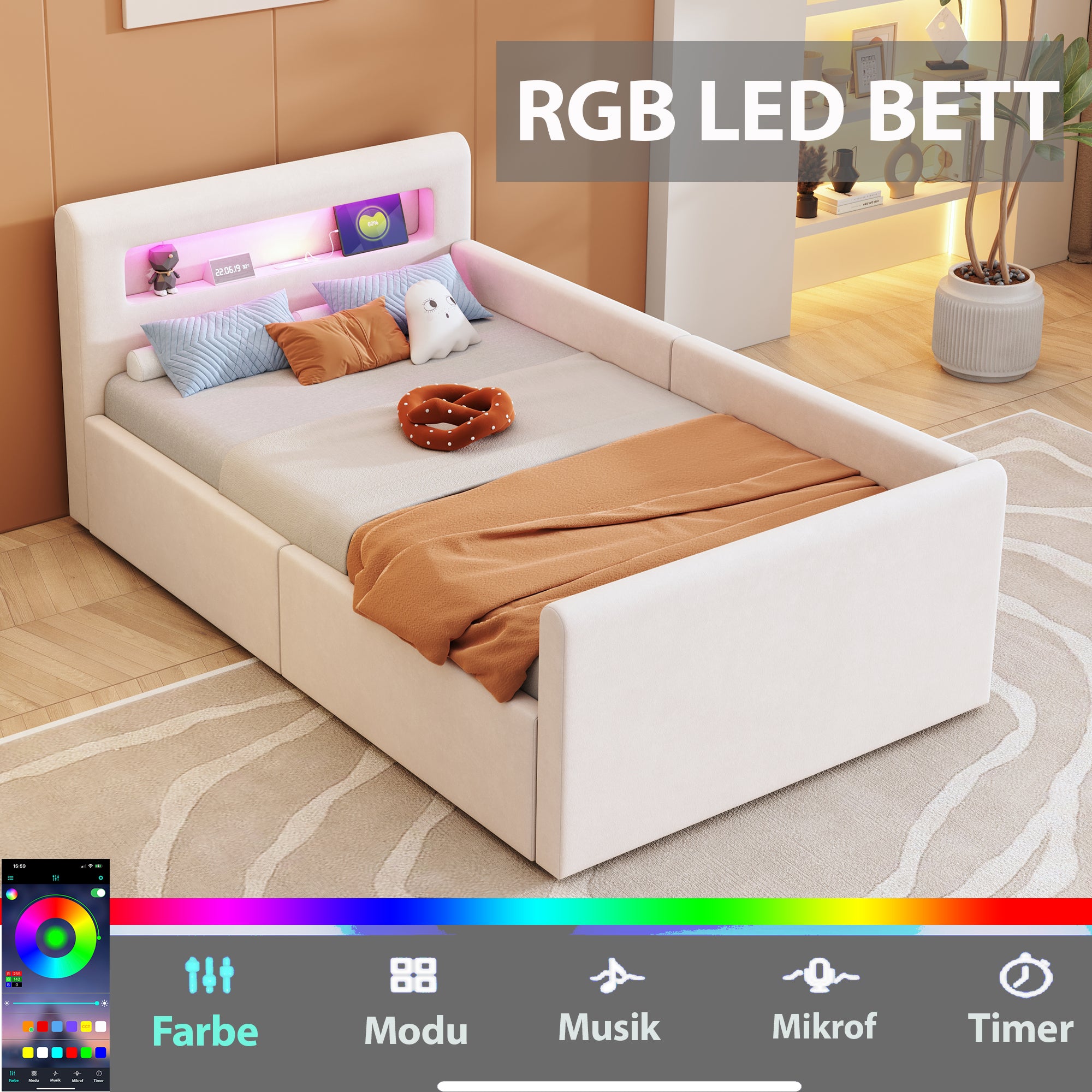 Upholstered Children's Bed 90x200 cm, LED/USB, Hydraulic Storage, Shelf, Velvet Fabric Beige