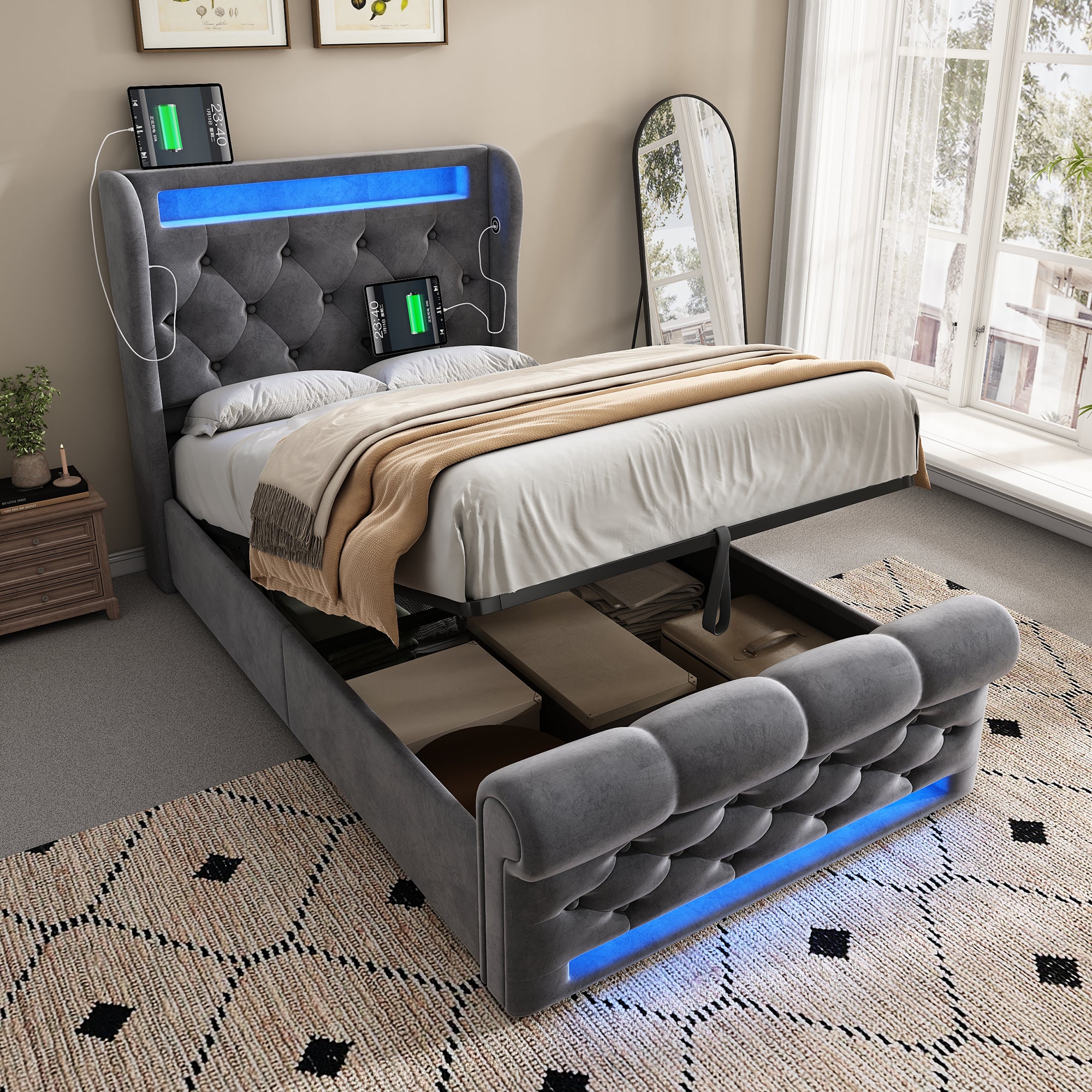 Upholstered Single Bed 90x200cm LED Headboard Hydraulic Storage, Grey Velvet