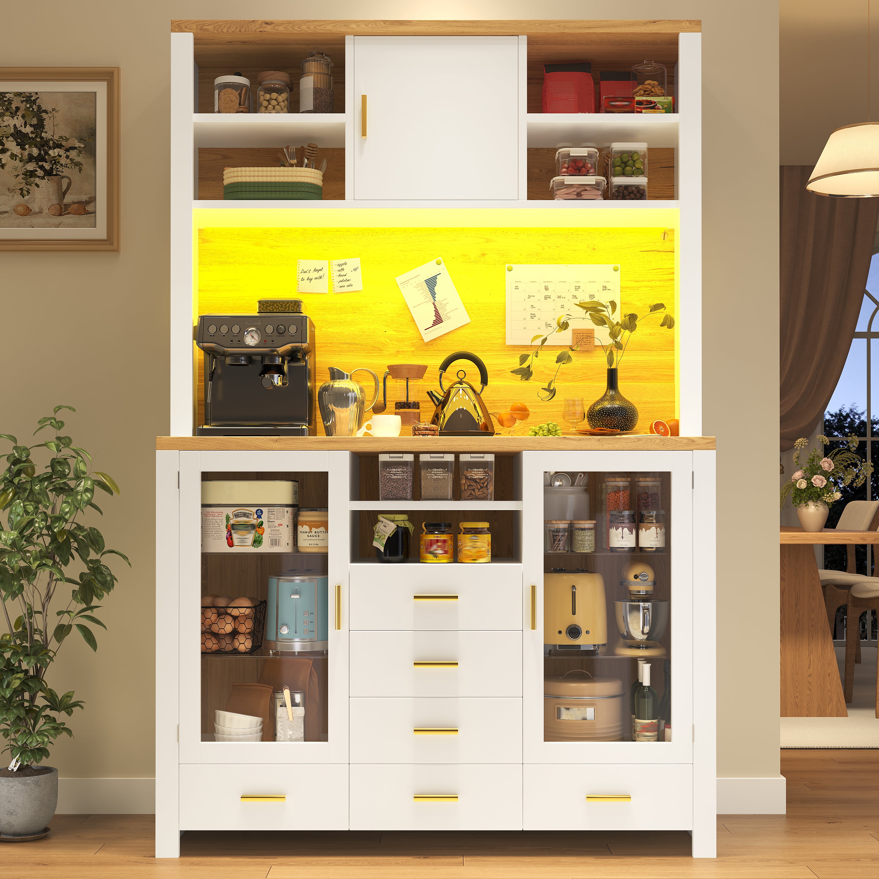 Buffet Sideboard Cabinet with LED Light Strip and Storage Drawers, 120x40x188cm, White and Wood Look