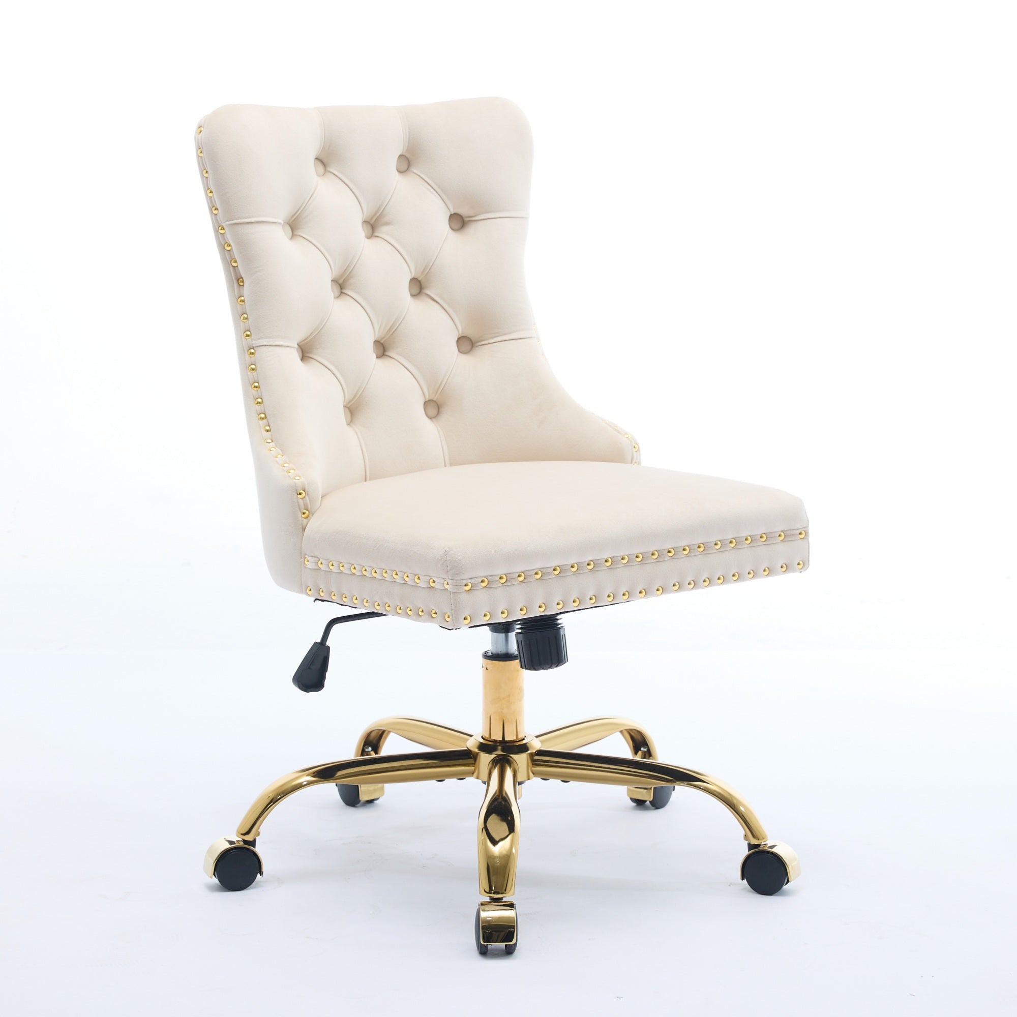 Home Office Chair Tufted Adjustable Swivel Golden Base - Beige Velvet