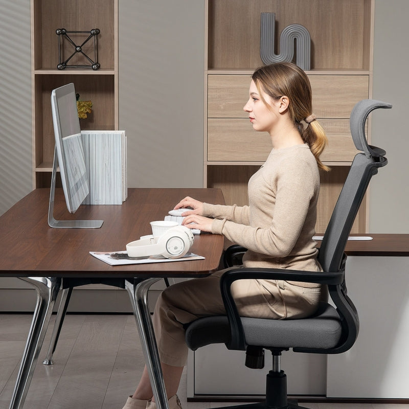 Office Chair, Ergonomic Swivel, Dark Grey Faux Wool