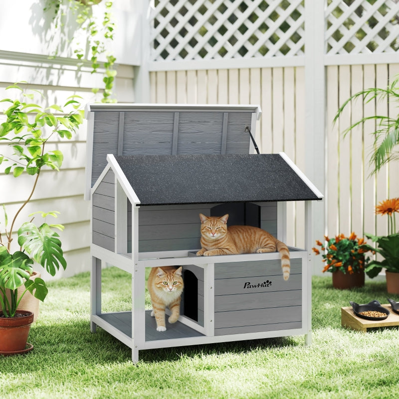 Outdoor Cat House, Waterproof Hinged Roof 80x93x95cm, Spruce Wood Grey