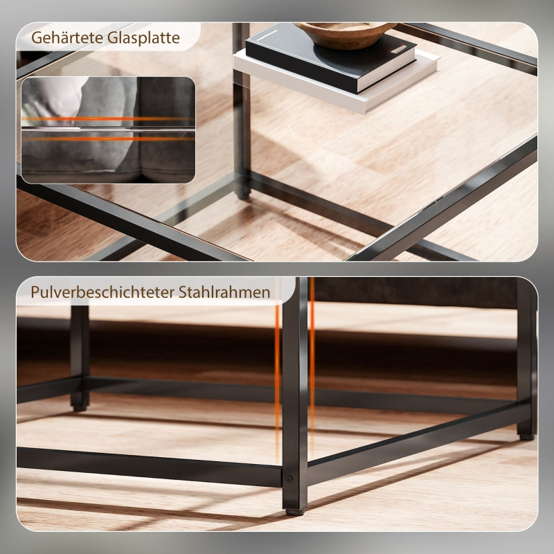 Square Side Table Tempered Glass Top Steel Legs - Black