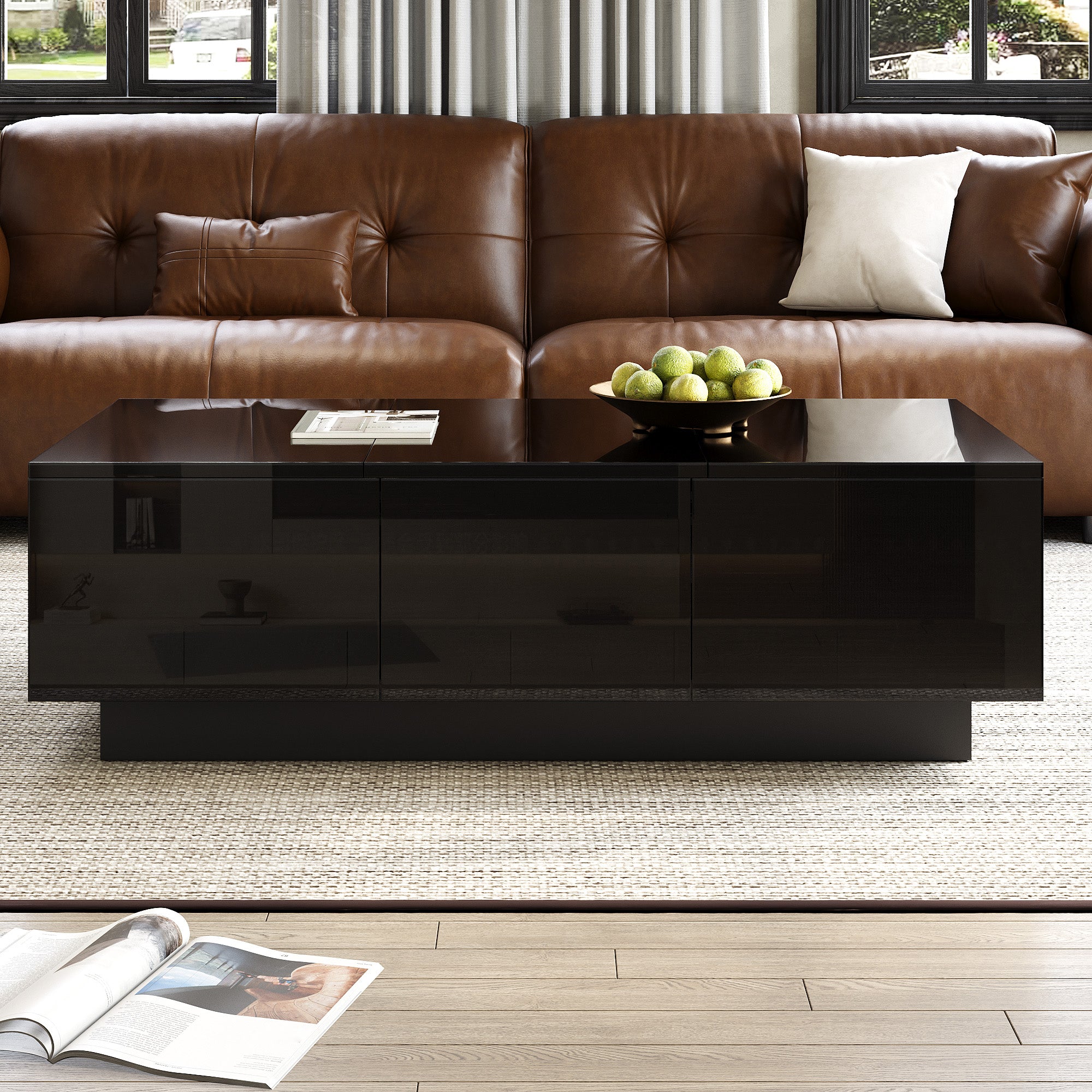 Coffee Table Modern Rectangular High-Gloss with Drawers Sliding Compartment Black