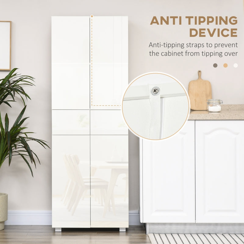 4-Door Kitchen Cupboard Tall Freestanding 5-Tier Cabinet with 3 Adjustable Shelves, 2 Drawers, Push to Open Design, High Gloss White