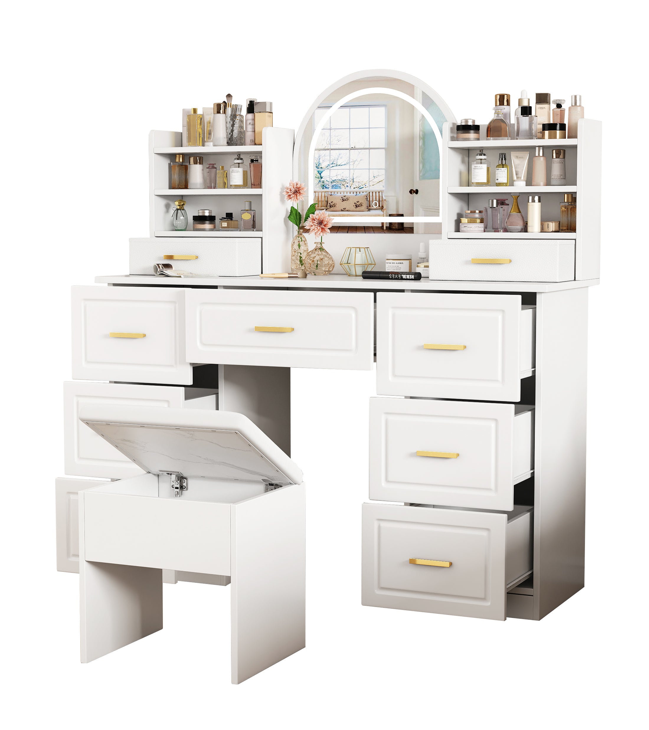 Dressing table with mirror, LED lighting, 9 drawers, white