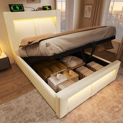 Single Bed with Hydraulic Storage, LED Lighting and Charging Ports, Beige Velvet