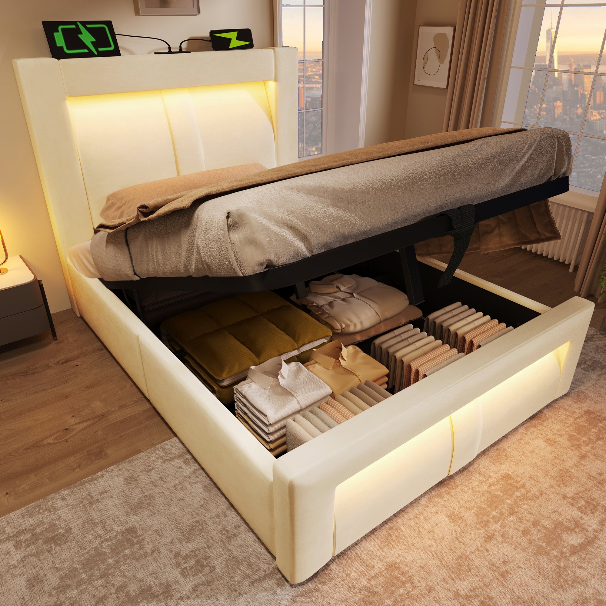 Single Bed 90x200 cm with Hydraulic Storage, LED Lighting, USB Ports and Mattress, Beige Velvet