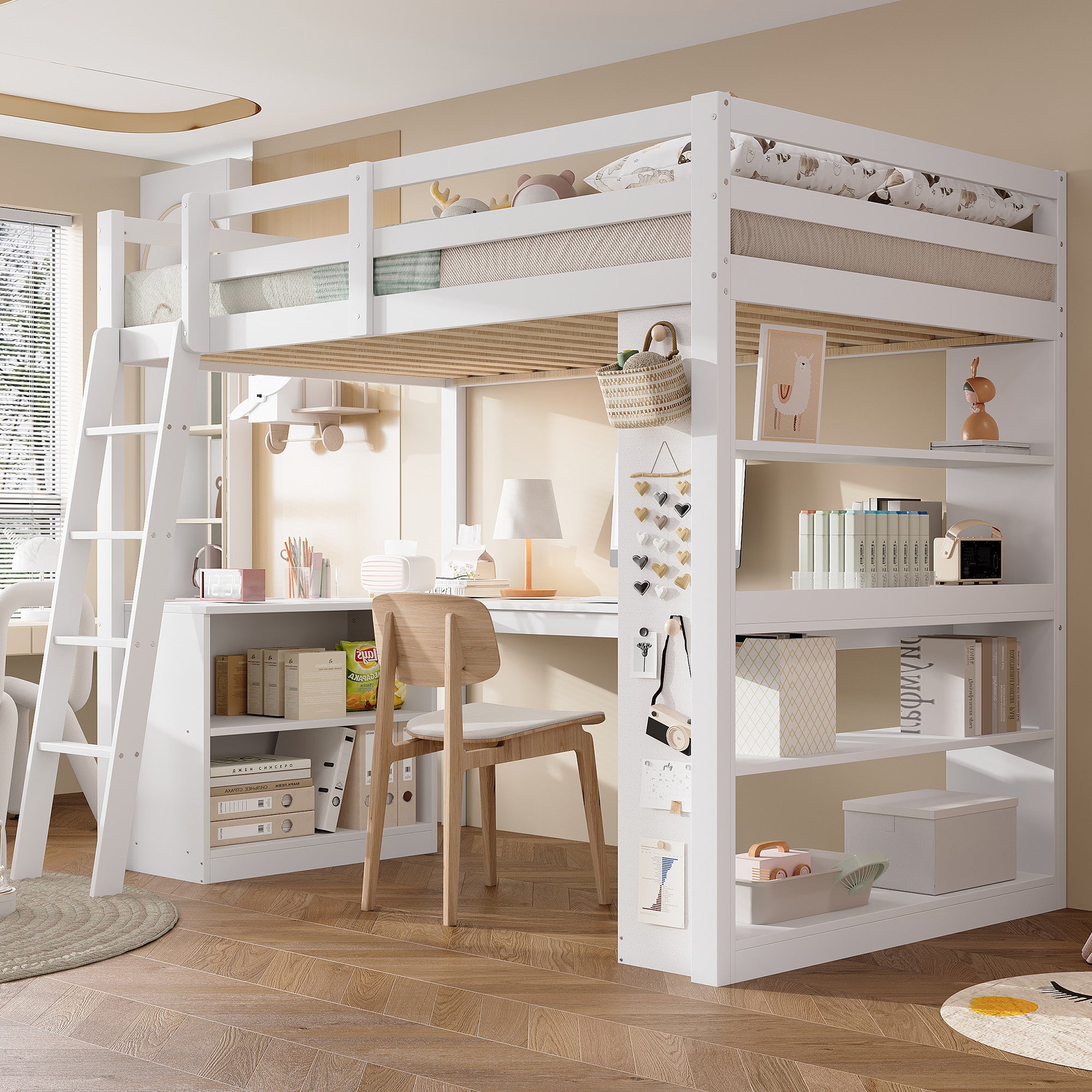 Bunk Bed Children's Storage Shelf Safety Railing Angled Ladder 90x200cm, Pine Chipboard White