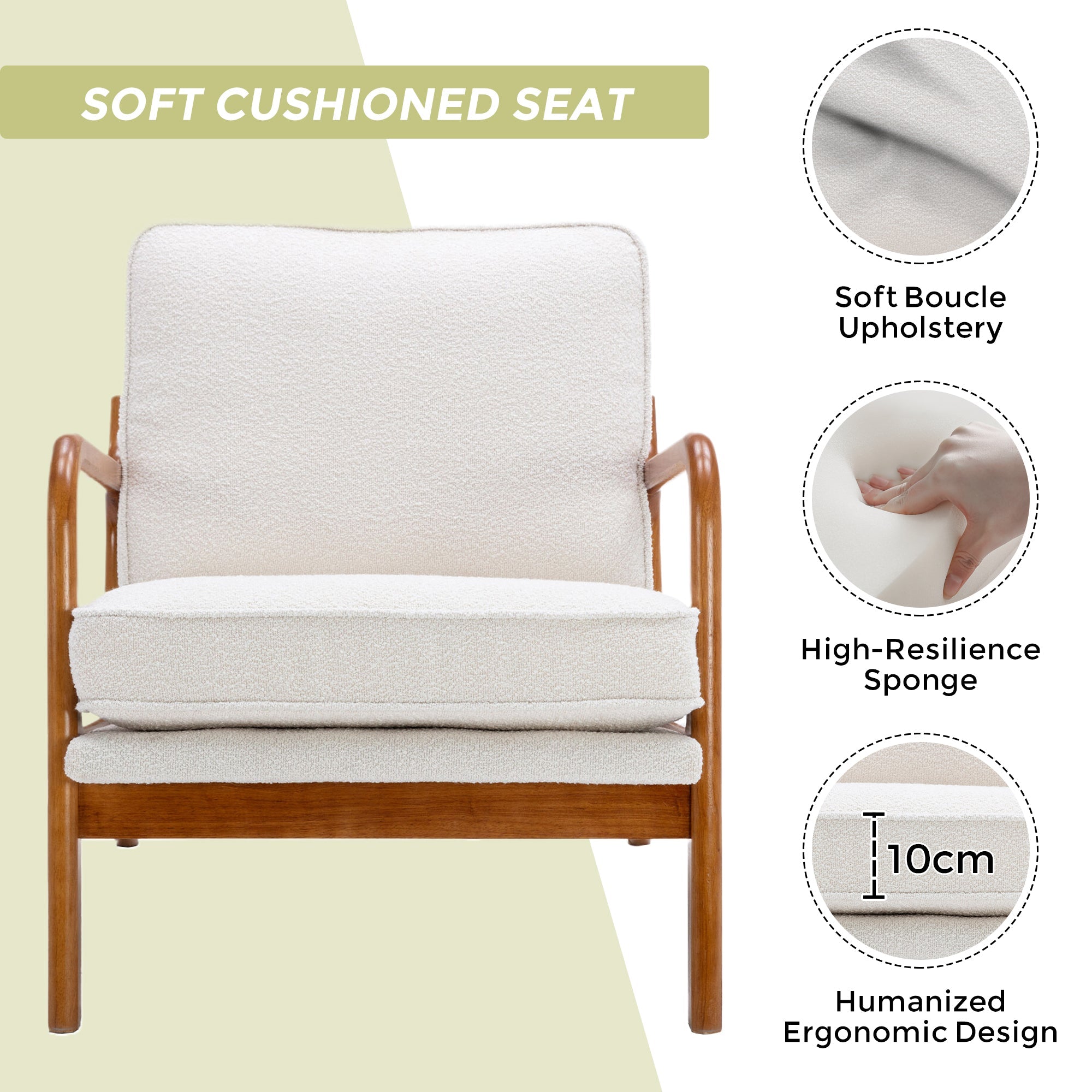 GOMYWAY Accent Chair Mid-Century Modern Armchair, Beige Solid Wood Frame