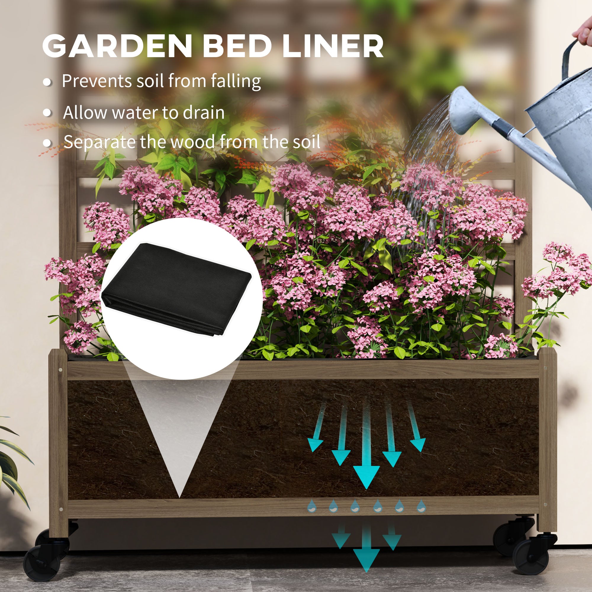 Wooden Trellis Planter, Raised Bed w/ Wheels, Bed Liner, Fir Wood