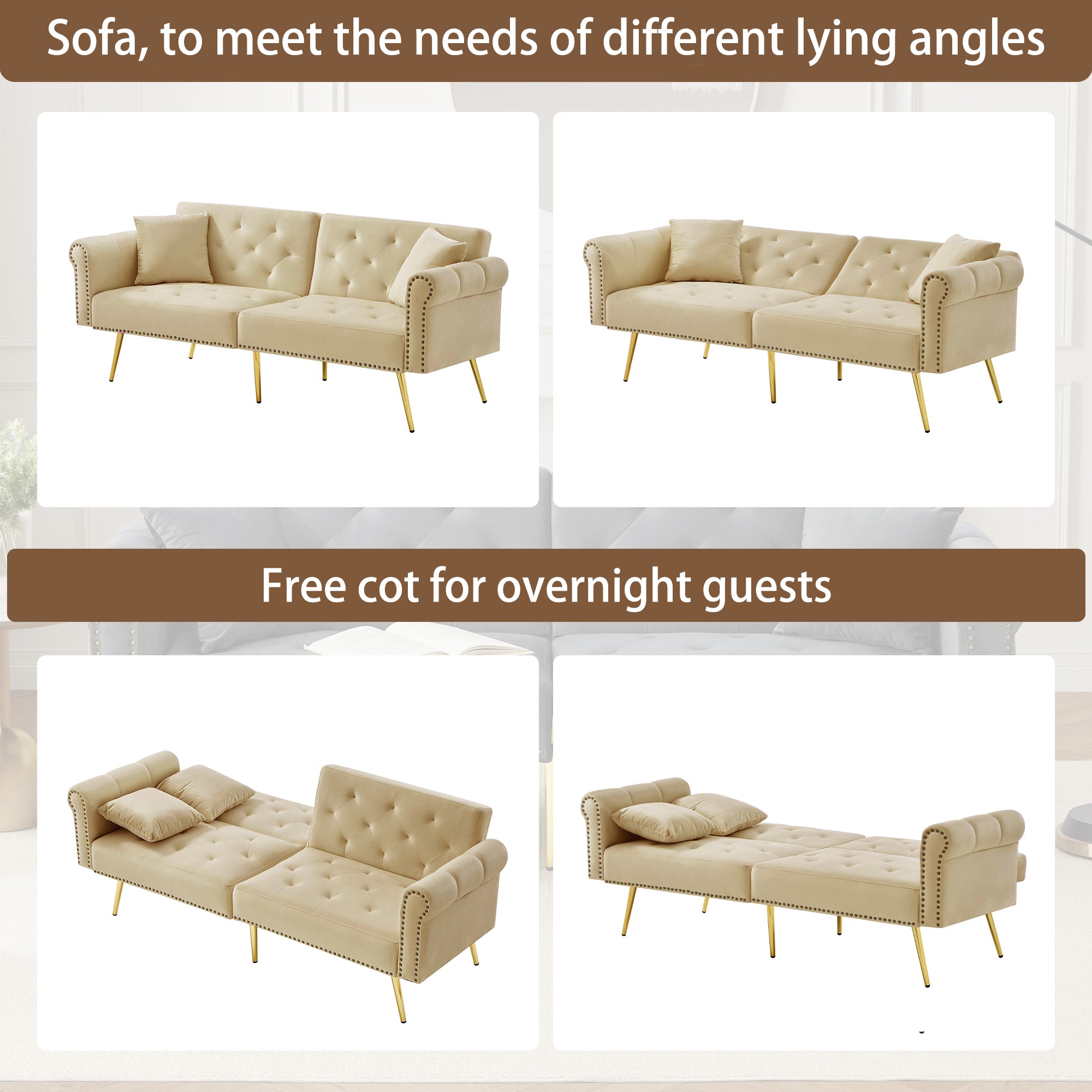 Modern 2-Seater Sofa Bed with 3-Stage Adjustable Backrest, Velvet