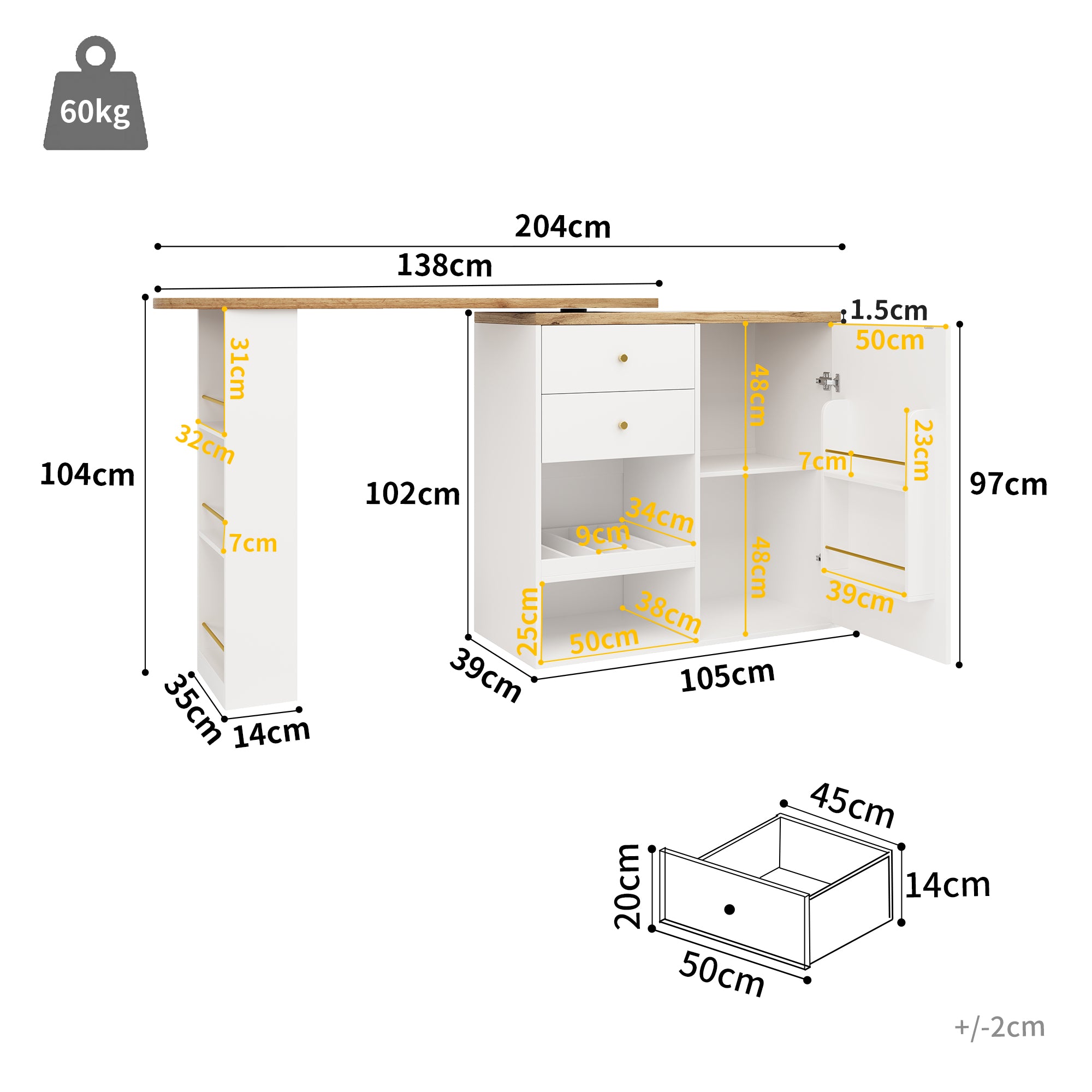 Rotating Bar Table 2 Drawers Sliding Cabinet Open Storage