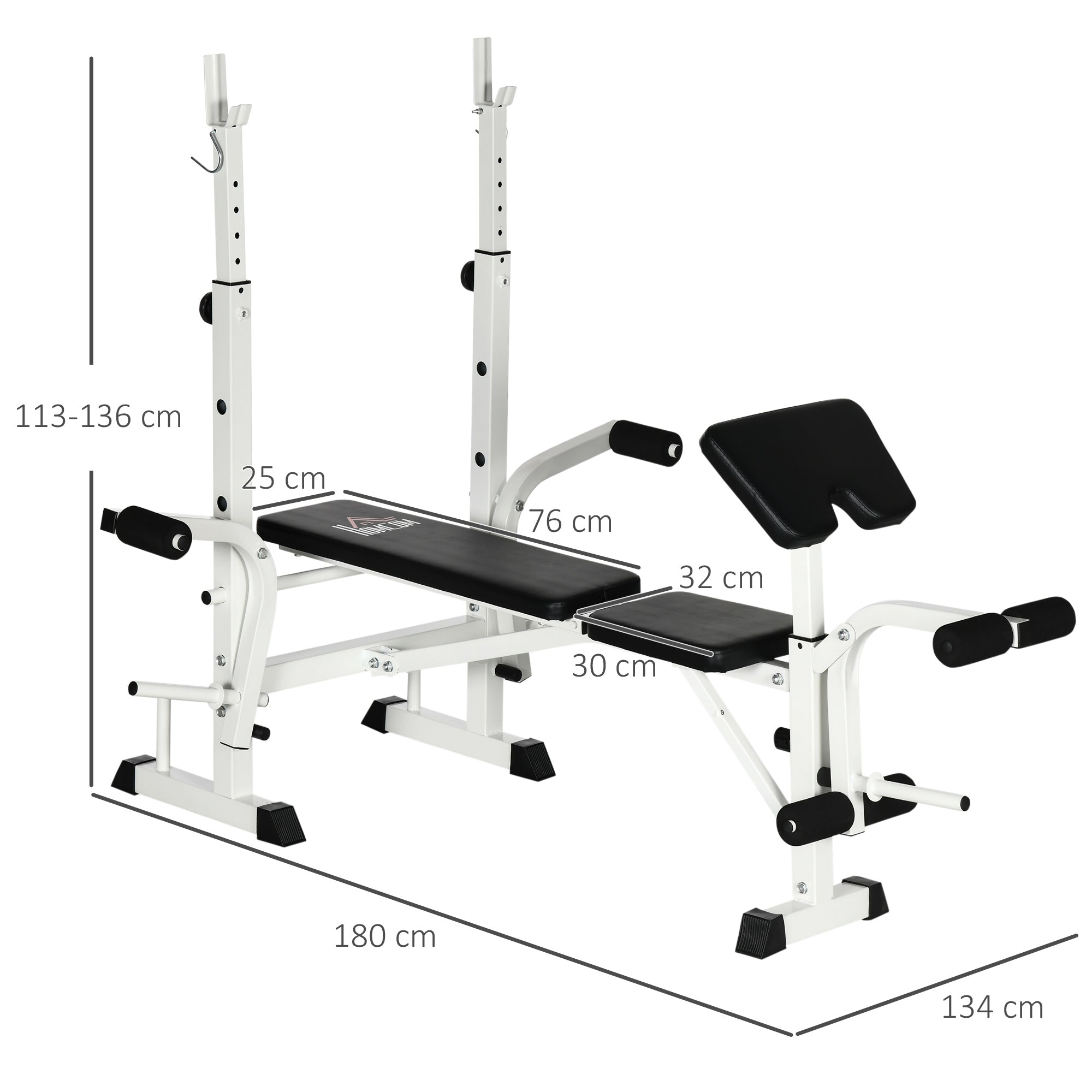 Weight Bench with Leg Press, Barbell Rack, and Armrests, Black and White