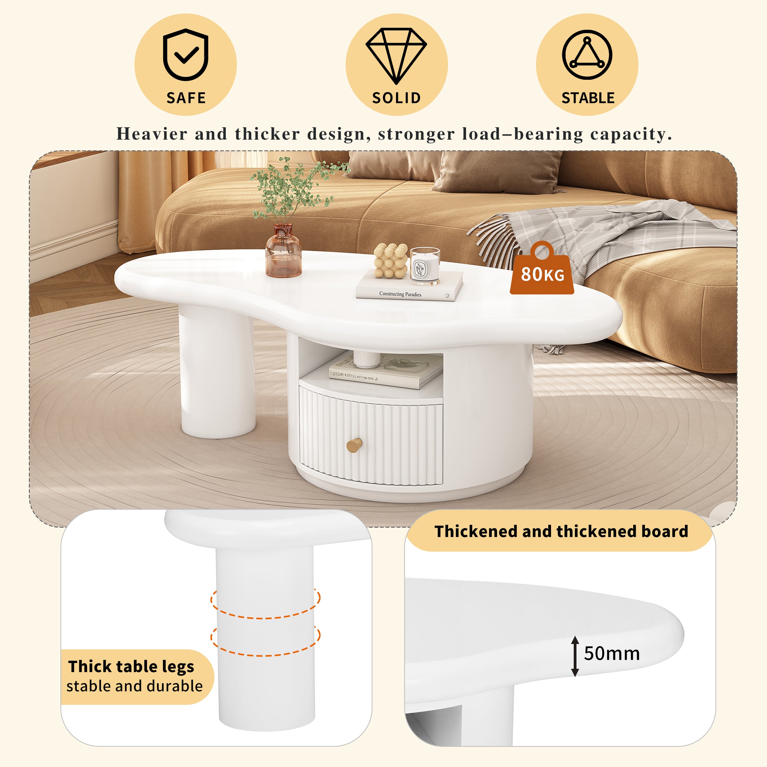 Cloud Coffee Table, Irregular Shape 110cm with Drawer, MDF