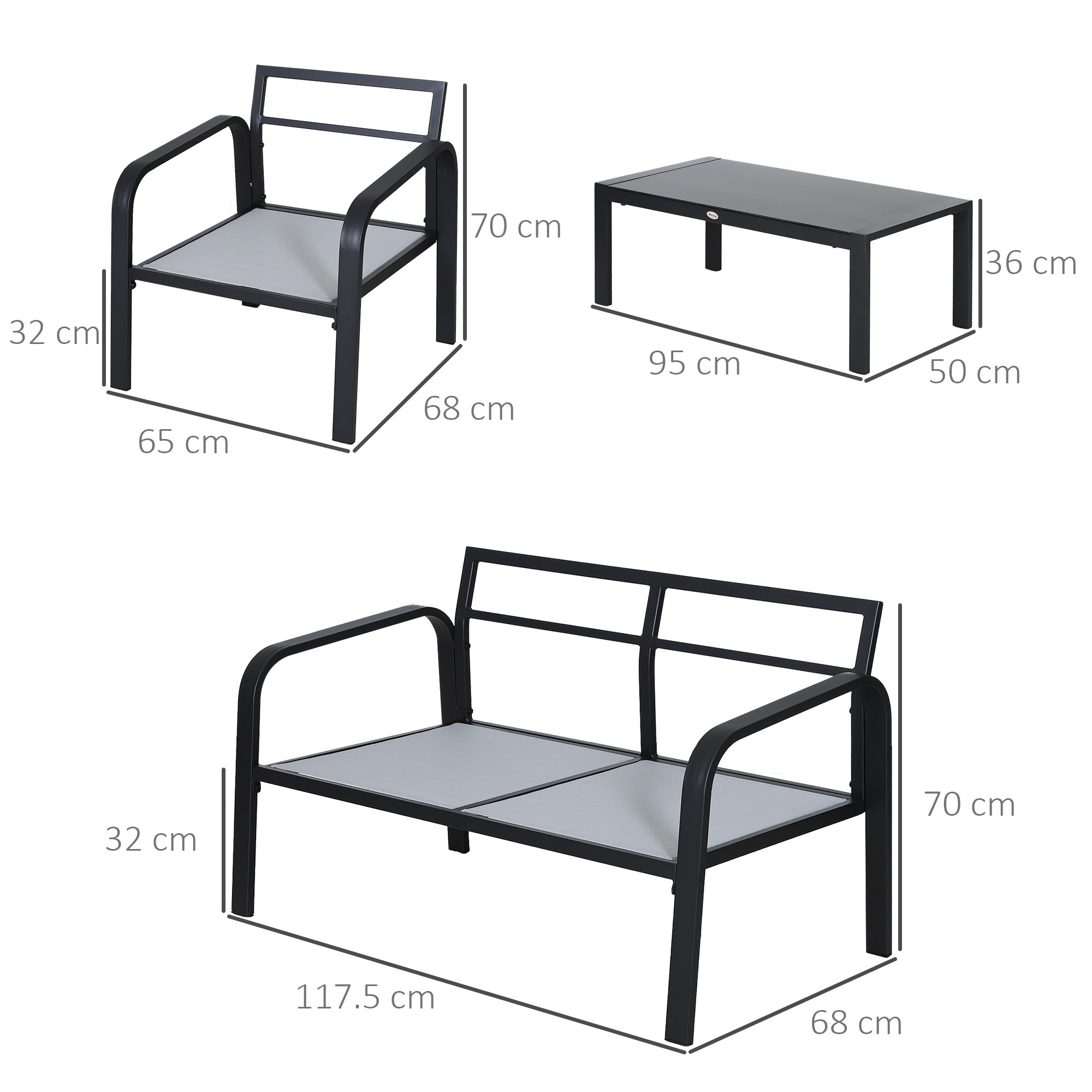 4pcs Garden Sofa Set 2 Armchairs 1 Bench 1 Coffee Table Aluminum Frame Black
