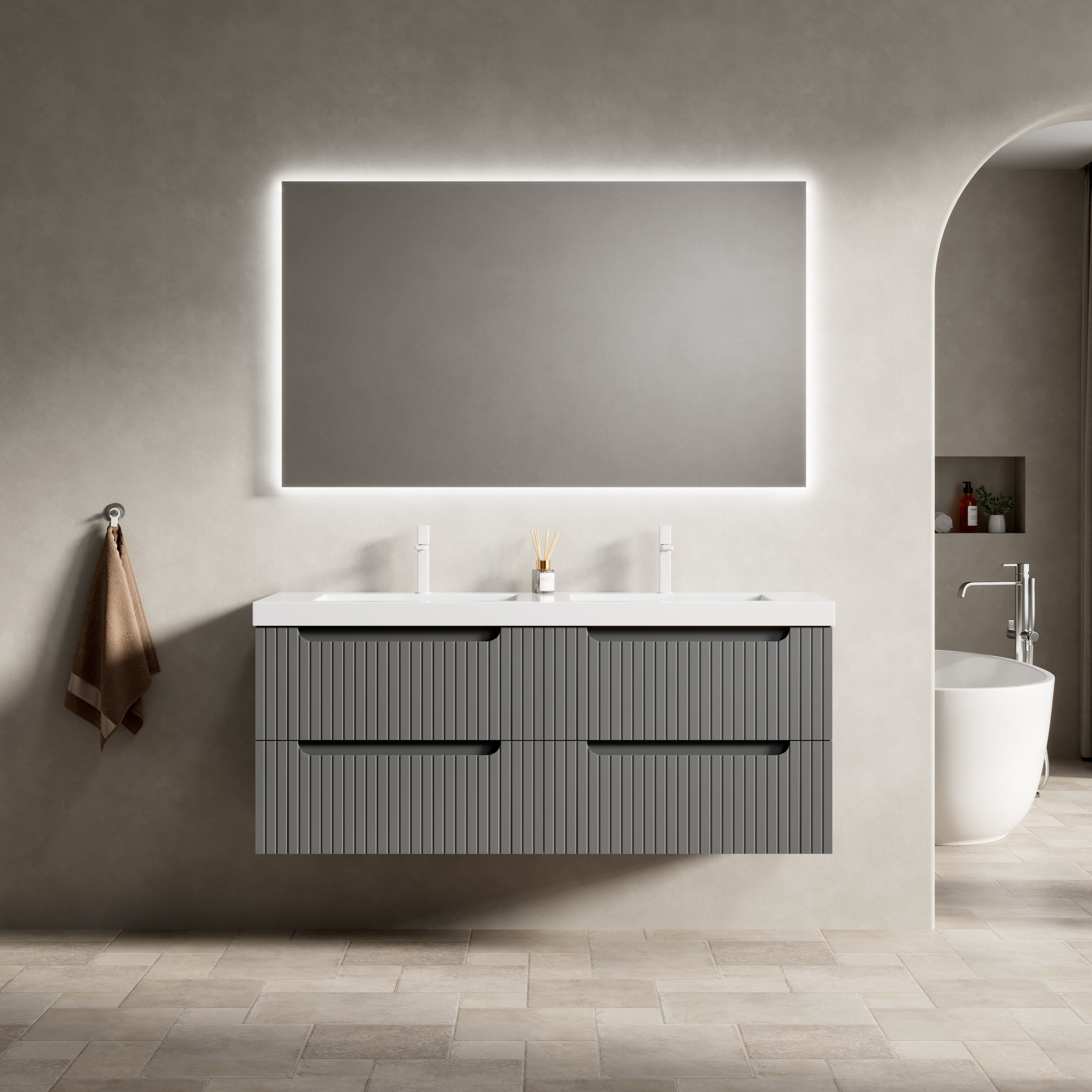 Floating Bathroom Vanity with Double Sinks and 4 Drawers, Plywood, Dark Grey