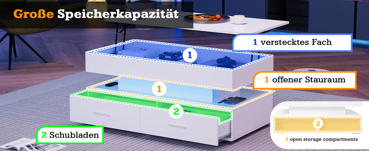 Hydraulic Height-Adjustable Coffee Table, LED Lighting, Bluetooth Control, 2 Drawers, White