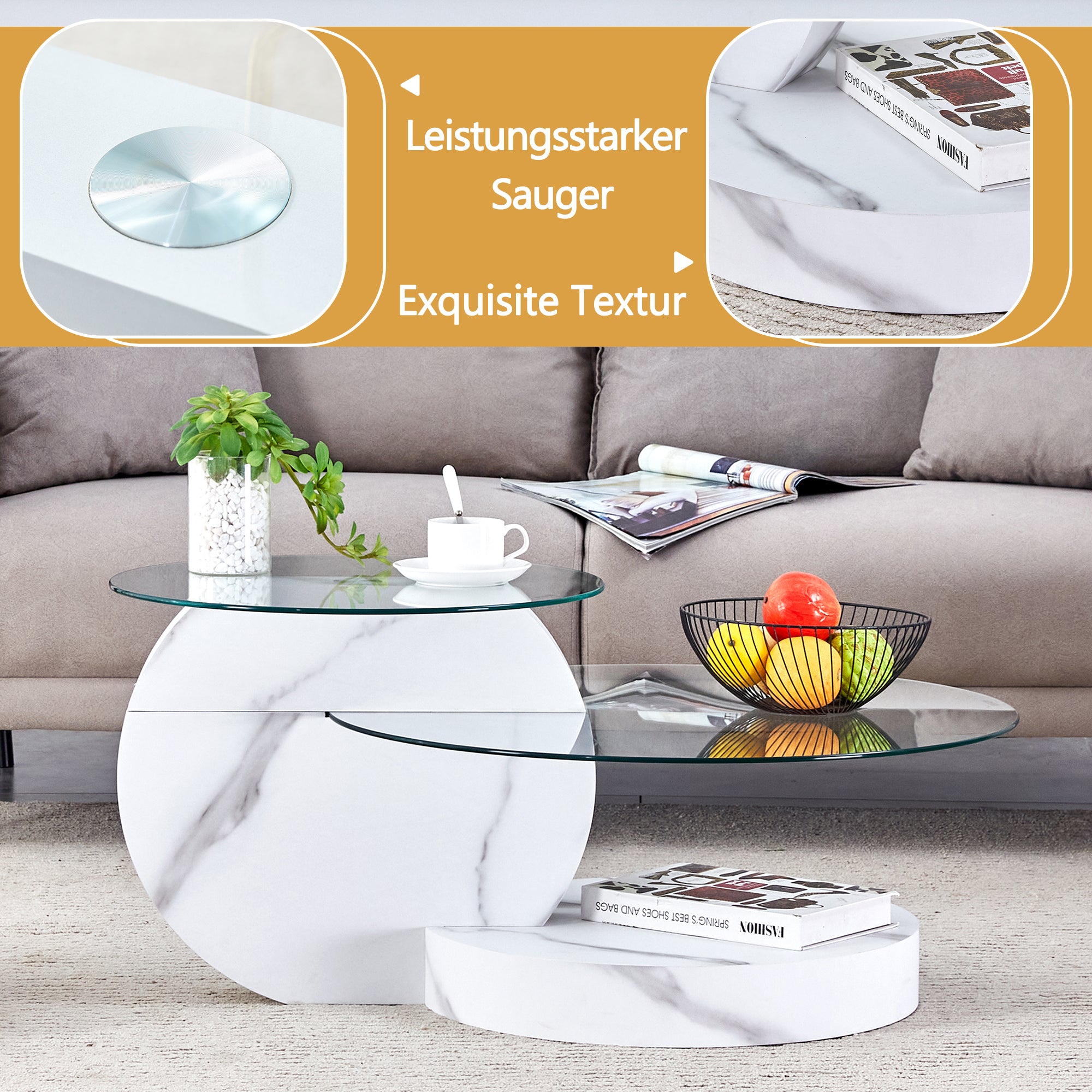 Modern Coffee Table Double-Layered Safety Glass Multi-Tiered White Marble Effect MDF