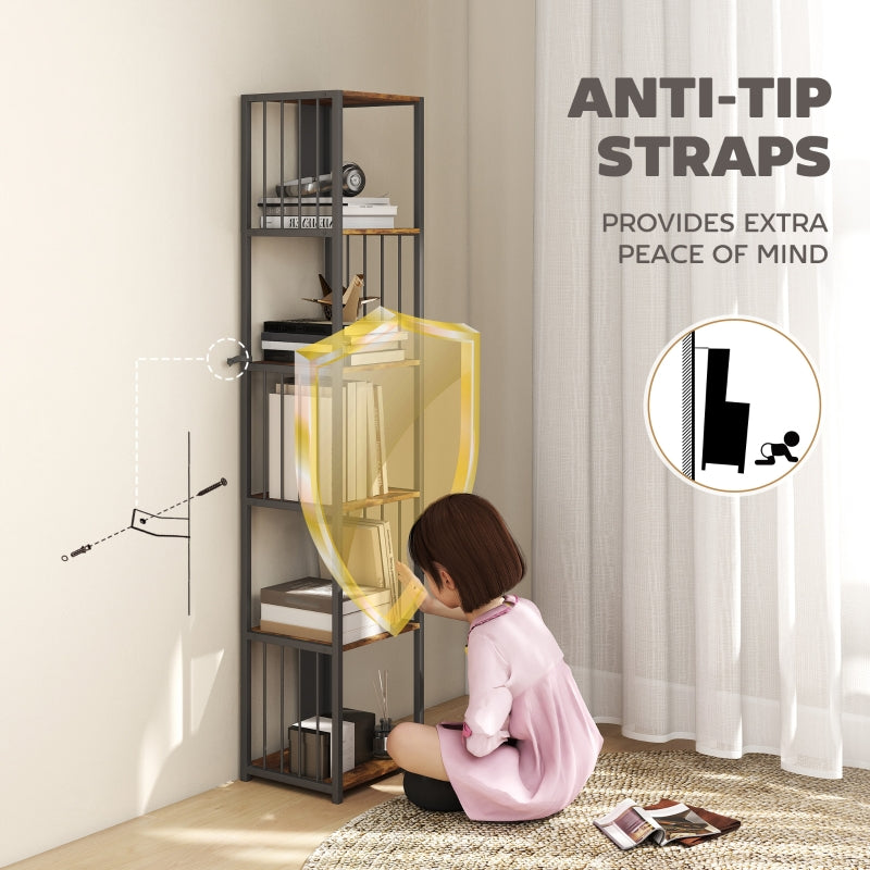 Bookshelf 5-Tier Steel Frame Rustic Brown