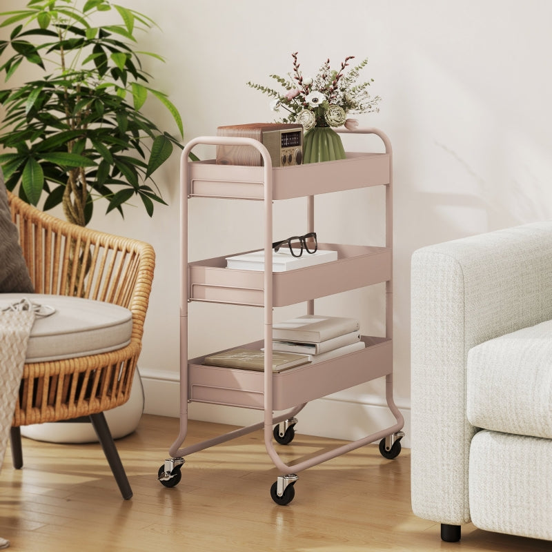3-Tier Storage Trolley on Wheels Utility Cart Mesh Baskets Light Pink