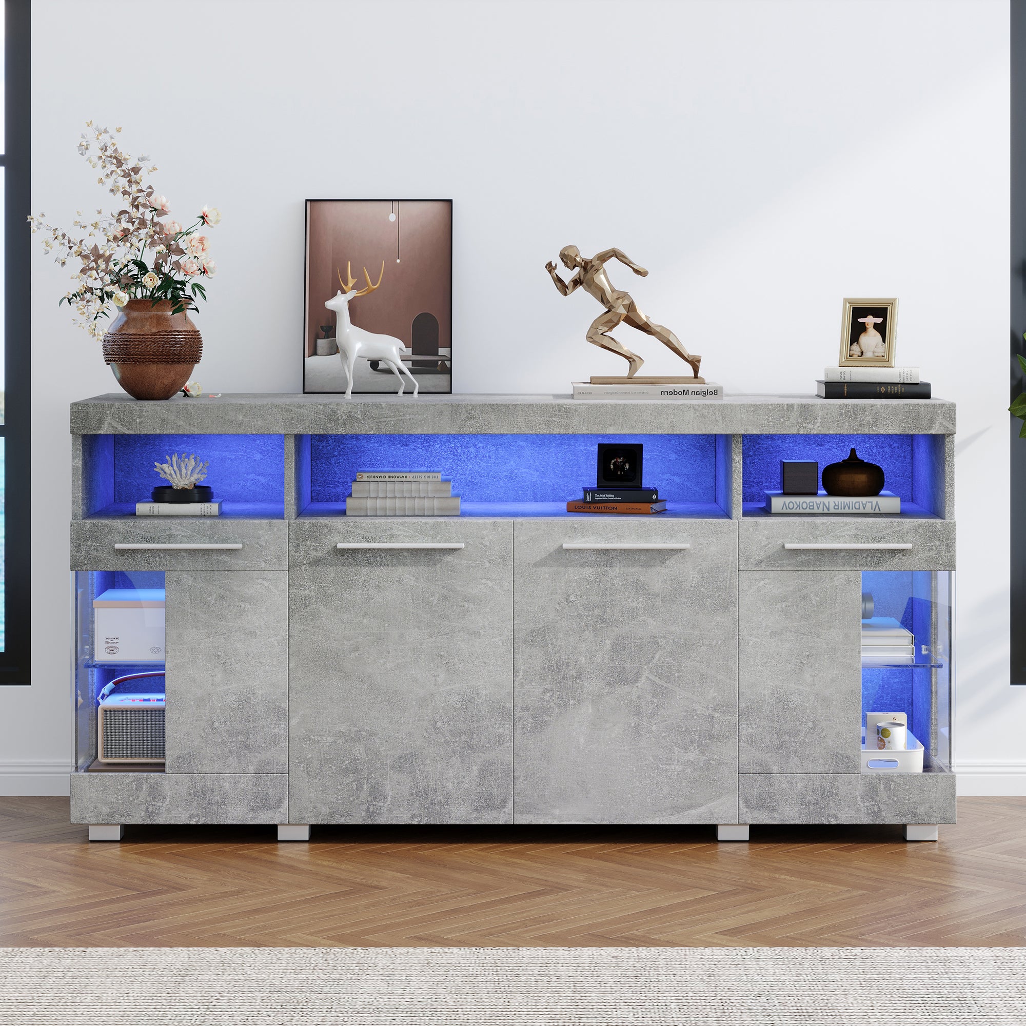 Sideboard Cabinet High-Gloss LED Light Tempered Glass 3 Compartments, Cement-colored