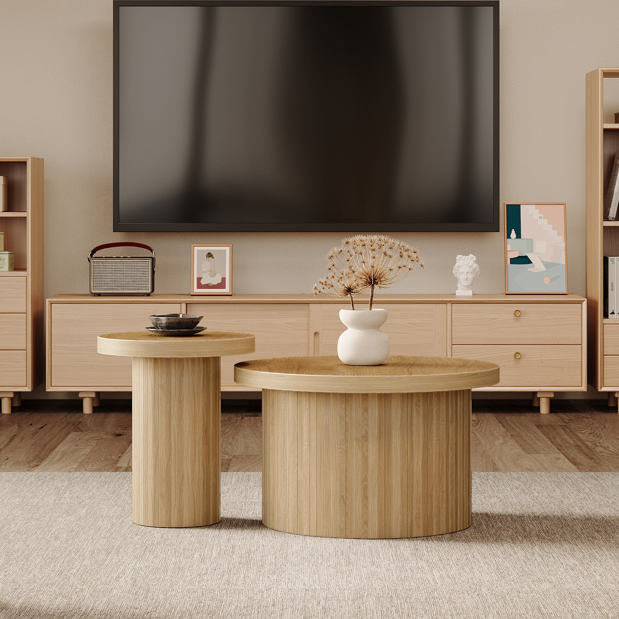 Coffee Table, Double Round Side Table, Natural Wood